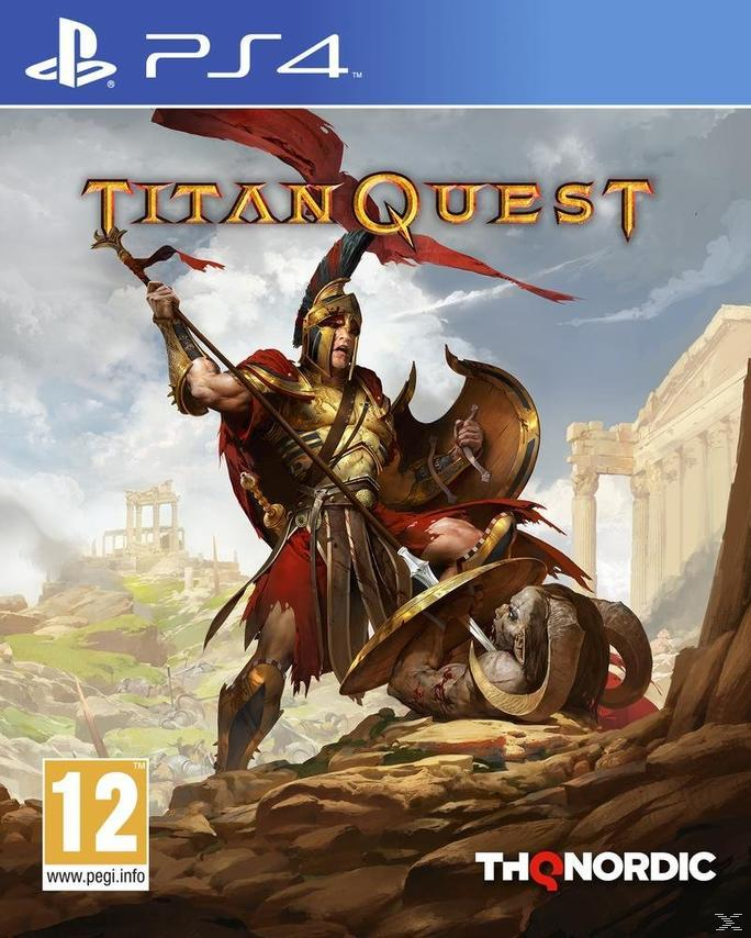 Titan Quest PS4 játék borítója. Egy harcos egy lénnyel harcol. A háttér egy klasszikus épület.