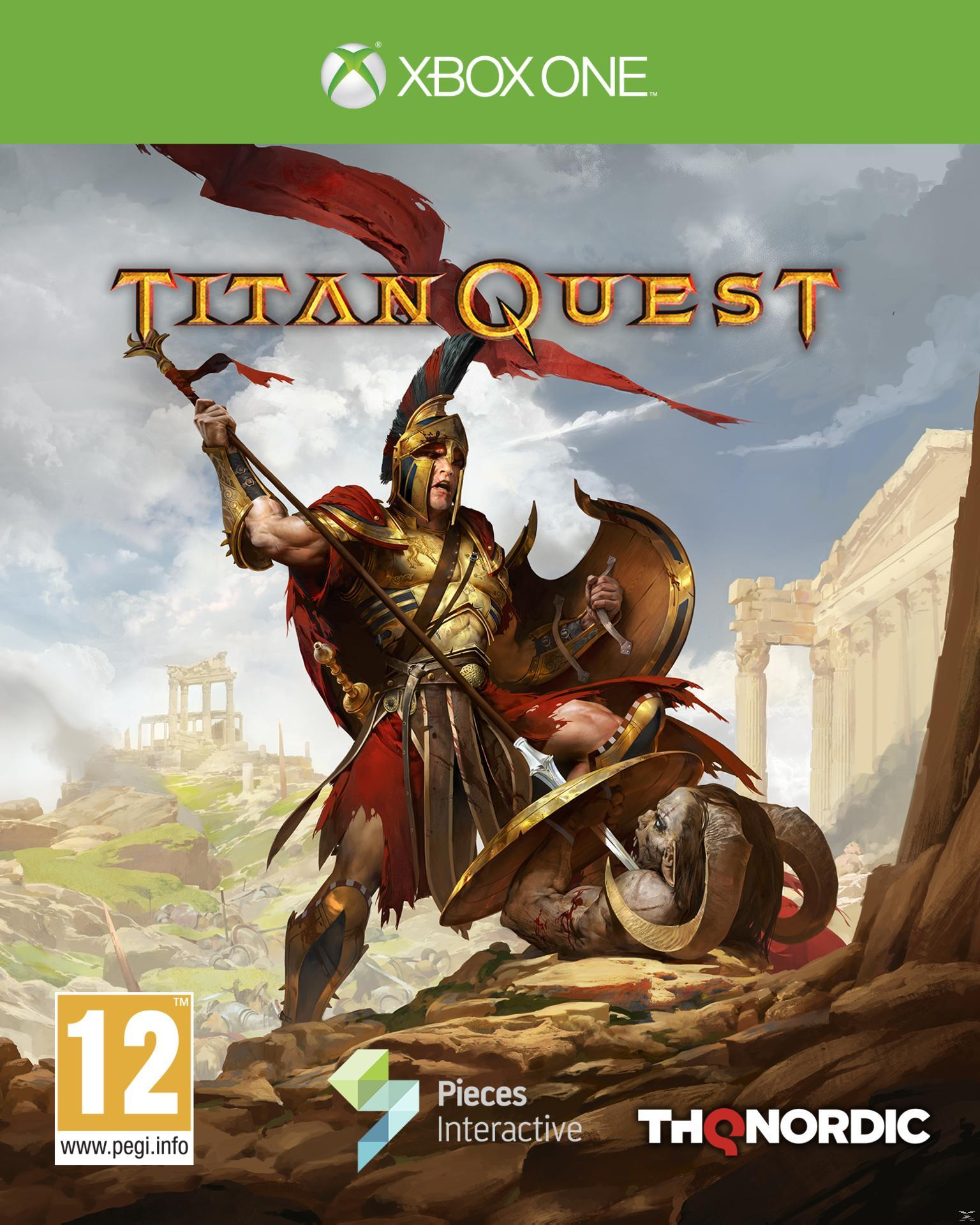 A 'Titan Quest' játékborítója, mely egy arany páncélban harcoló harcost ábrázol, aki egy szarvakkal rendelkező lénnyel küzd a romokban.