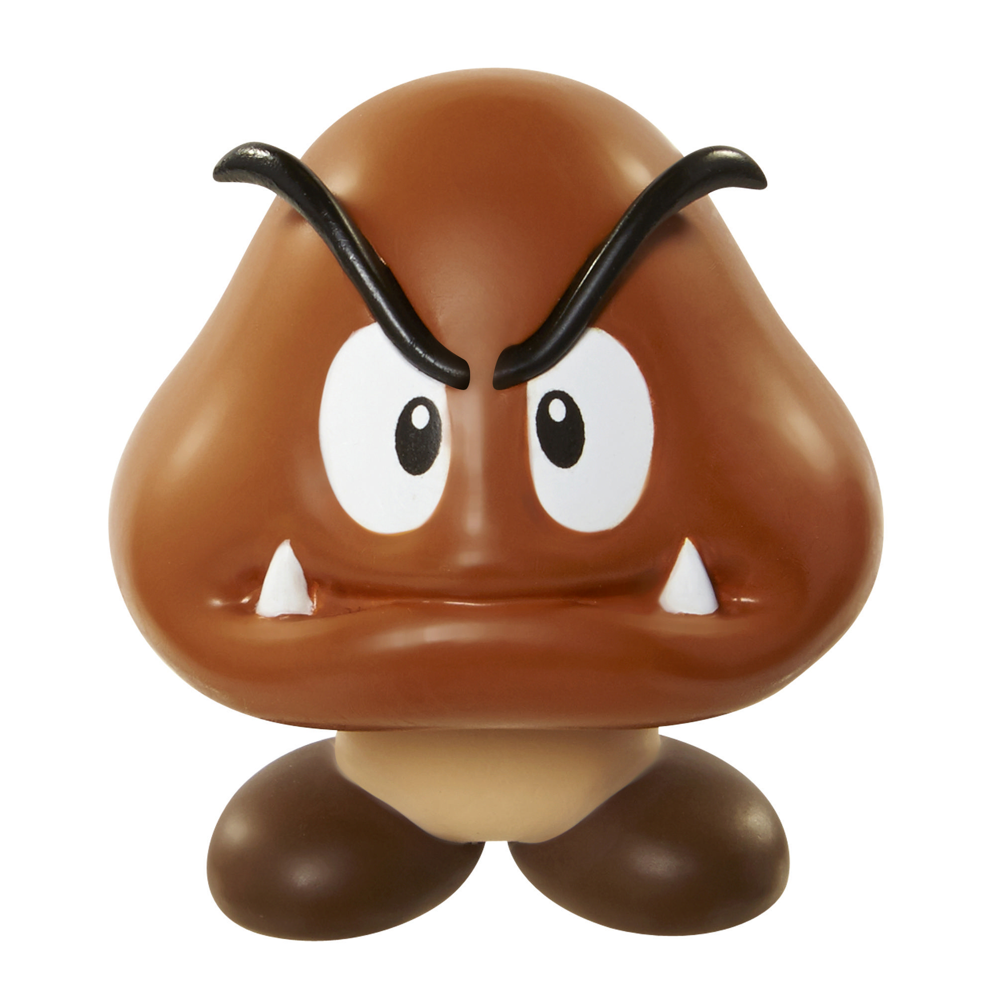Eine braune Super Mario Goomba-Figur. Es ist eine braune, pilzartige Figur.