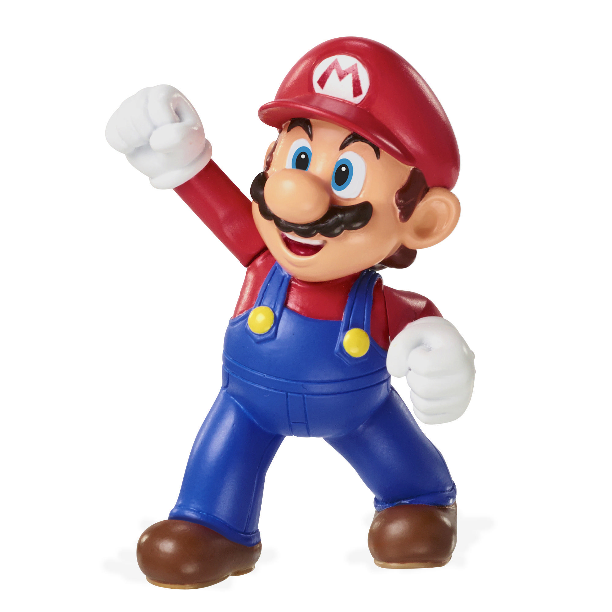 Mario Actionfigur in dynamischer Pose. Rote Kappe, blaue Latzhose, erhobener Arm, weiße Handschuhe.