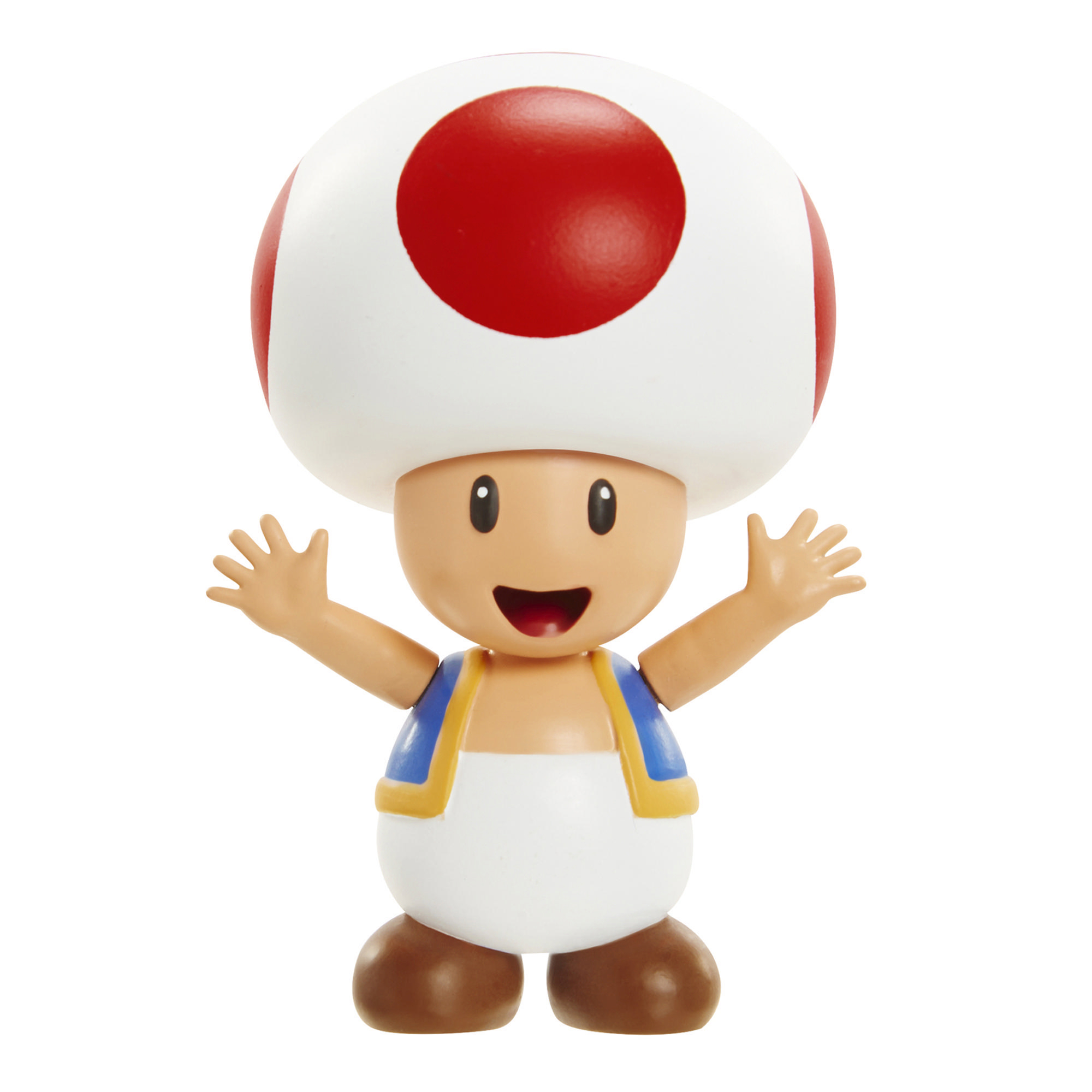 Toad-Figur mit rotem und weißem Pilzkopf, Armen offen, lächelnd.