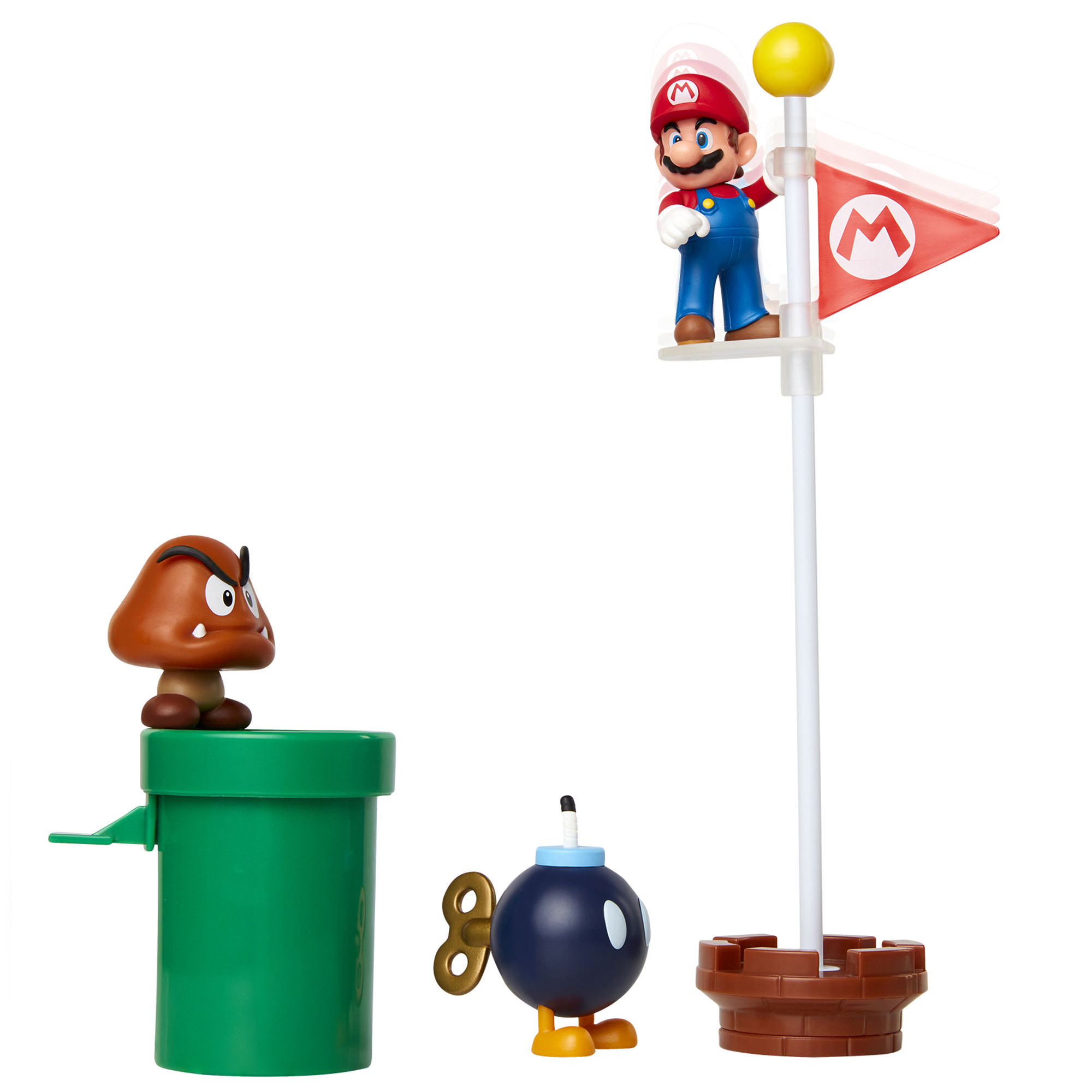 Mario-Spielzeugset: Mario auf einer Flagge, Goomba auf einem Rohr und eine Aufzieh-Bob-omb.