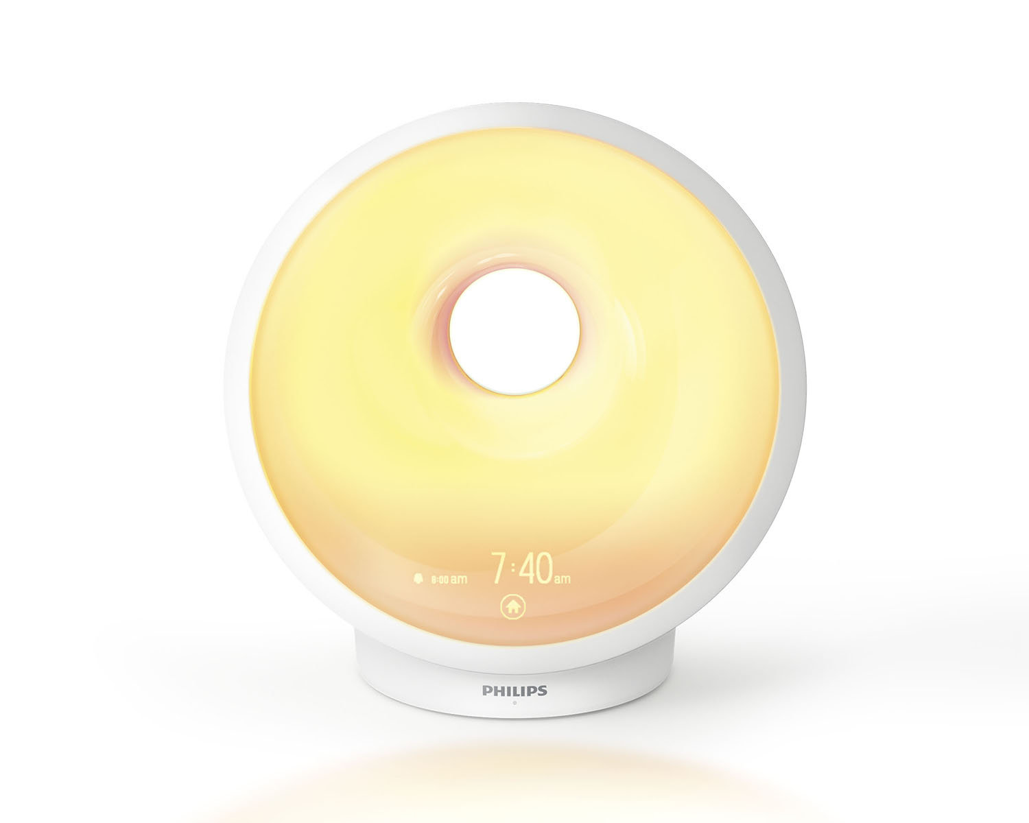 Philips wake-up light met 7:40 AM, witte basis en geel licht.