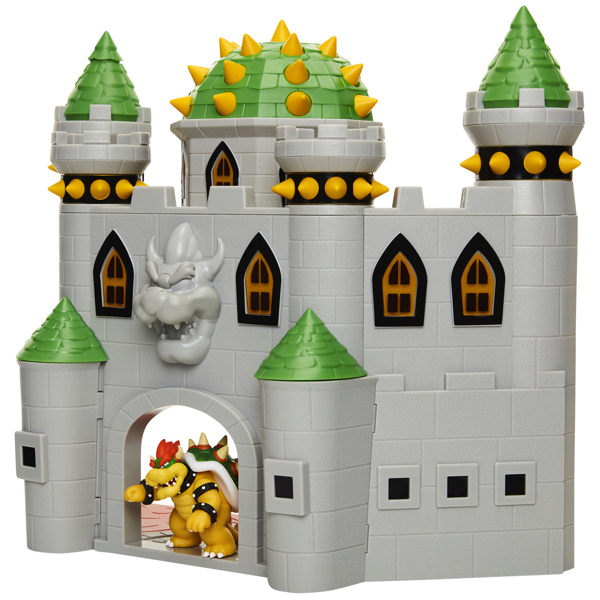 Spielzeugschloss mit Bowser-Figur. Graues Steinschloss hat grüne Türme, gelbe Stacheln und Bowser am Eingang.