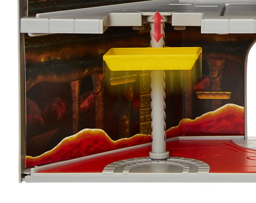 Ein Spielzeug-Spielset mit gelbem Aufzug, roter Lava und einem Hintergrund, der eine Höhle darstellt. Ein Pfeil zeigt die Bewegungsrichtung an.