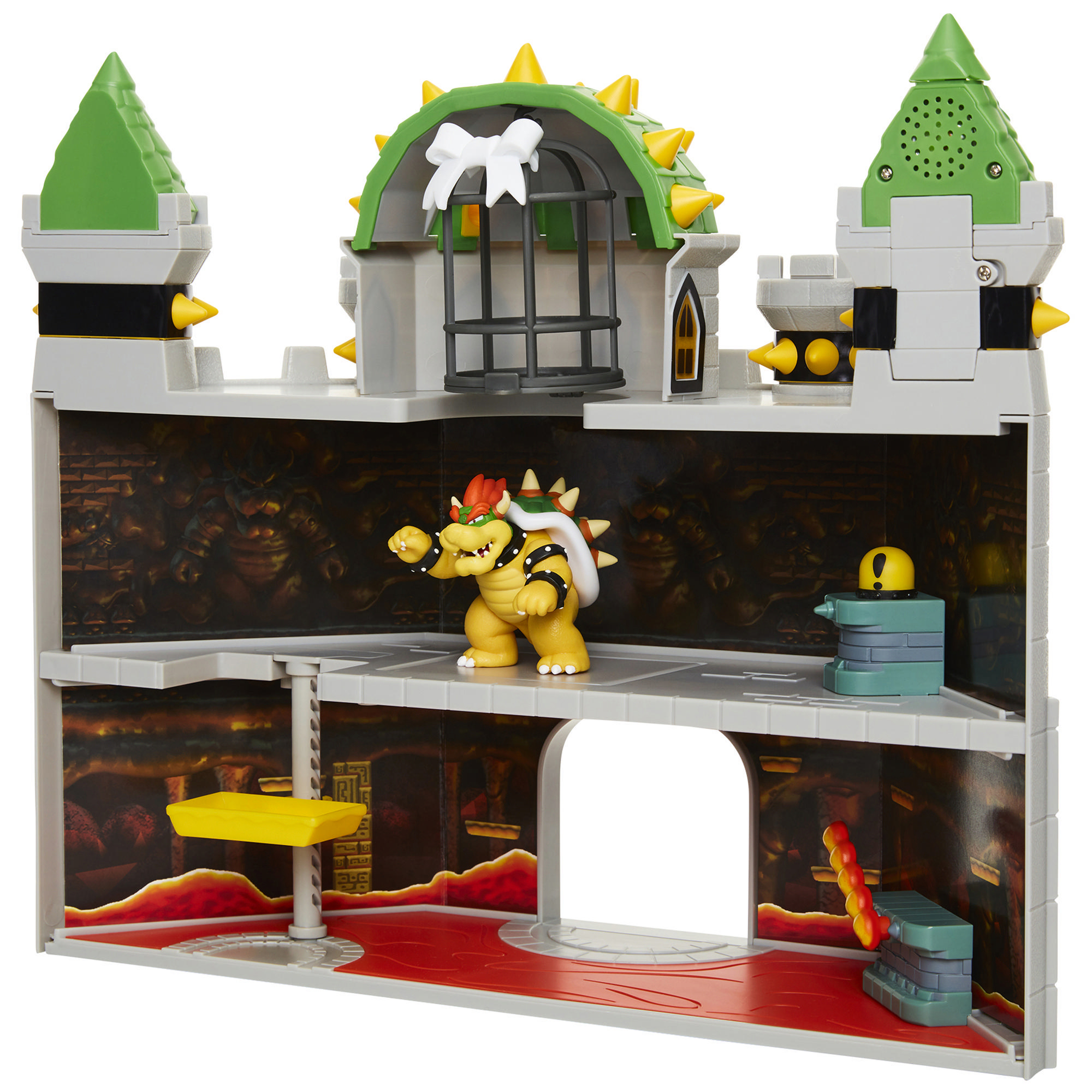 Ein Bowser-Spielzeugschloss. Bowser steht auf einer Plattform. Das Schloss ist grau, grün und gelb, mit Bowsers Bild an den Wänden.