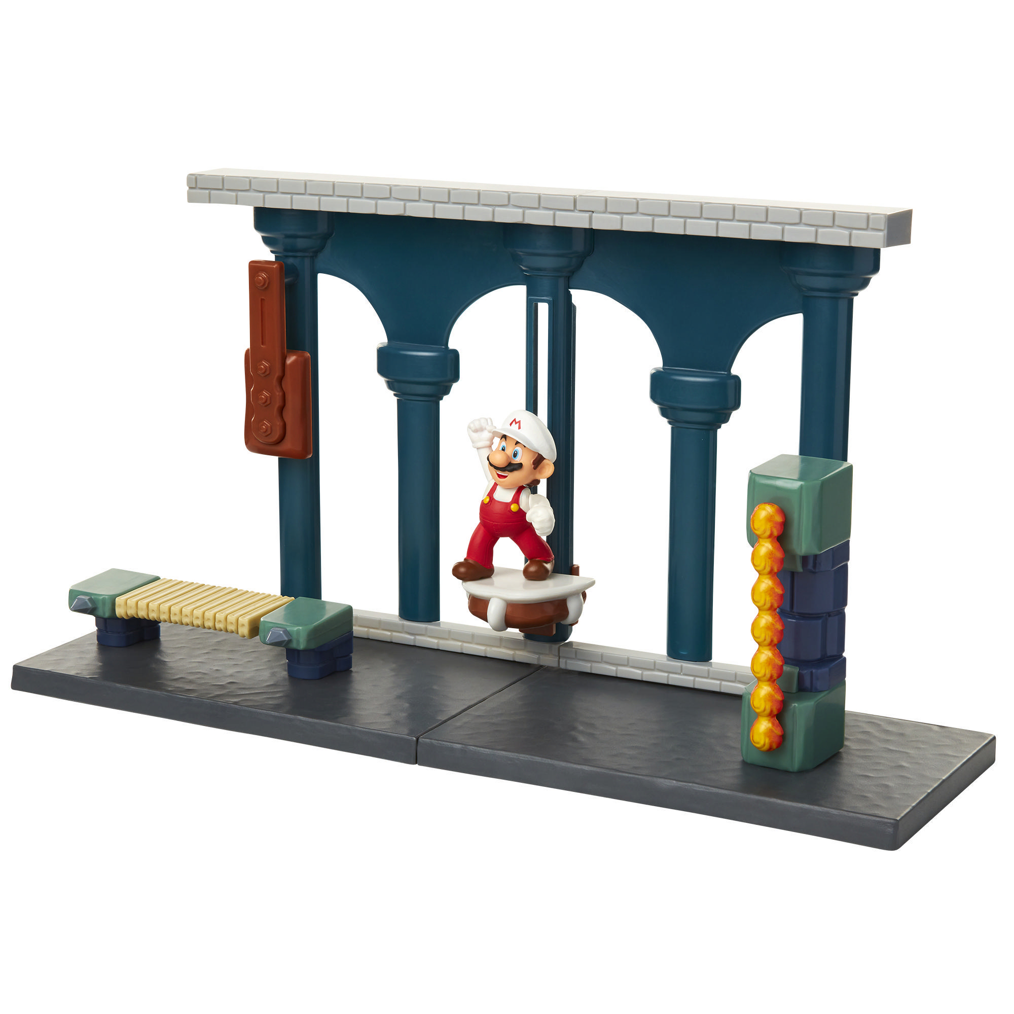 Super Mario Spielzeugset mit Mario, Bögen und einem Stadtbild im Hintergrund.