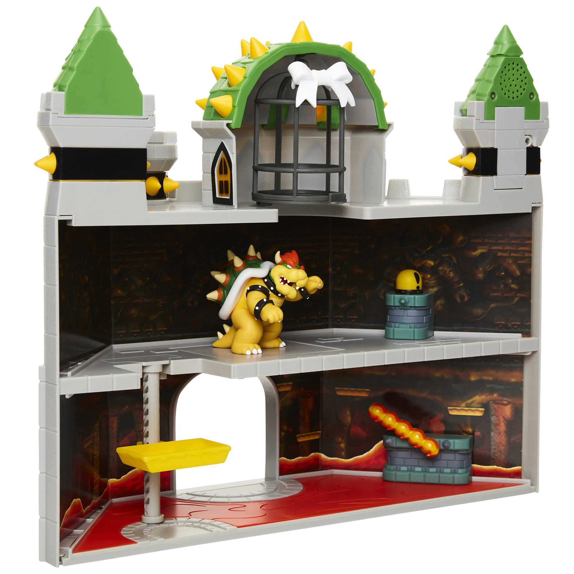 Ein Bowser-Schloss-Spielset. Es hat grüne Dächer, gelbe Stacheln und eine Bowser-Figur. Der Hintergrund zeigt eine feurige Lava-Szene.