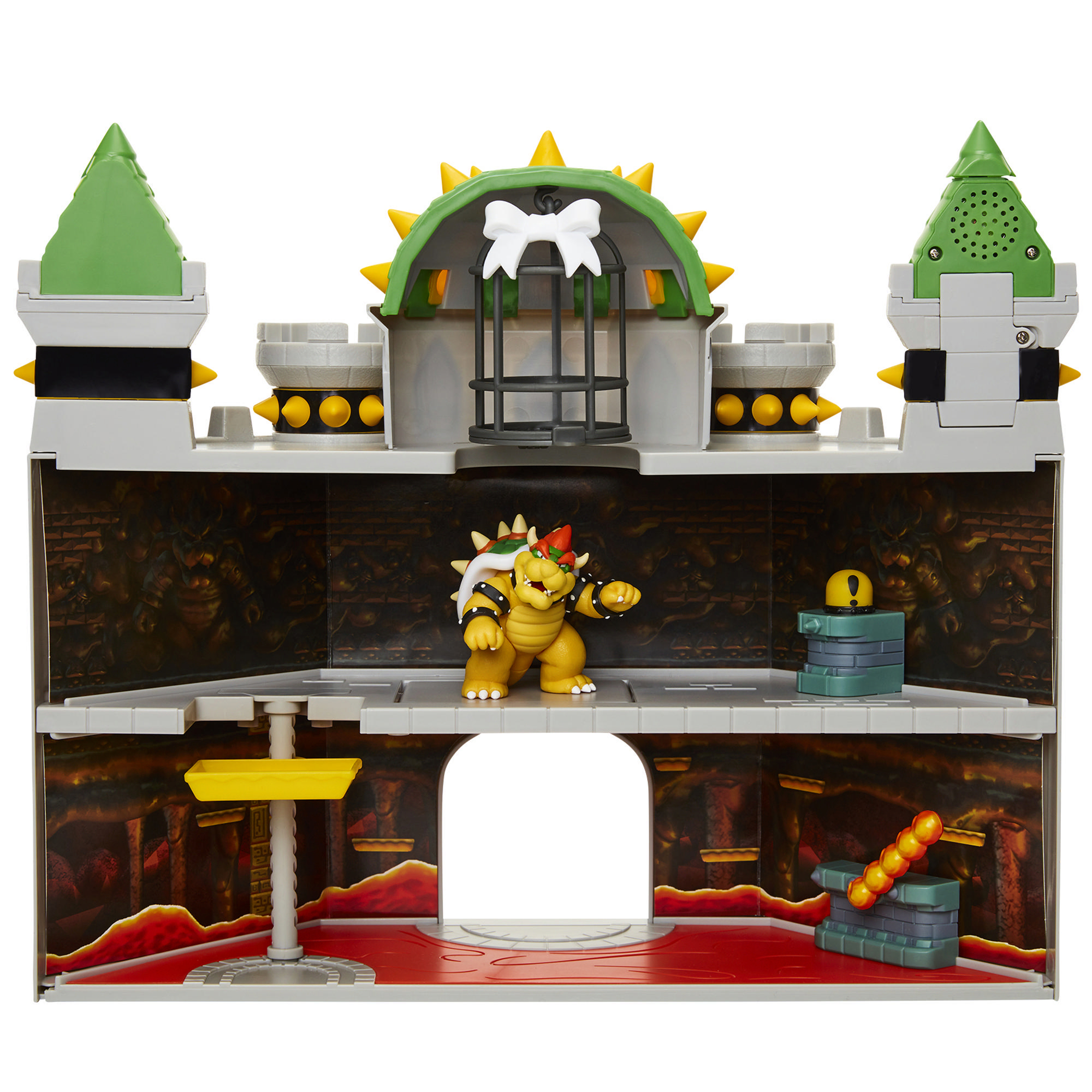 Bowser-Spielzeugschloss mit Bowser-Figur und verschiedenen interaktiven Elementen.
