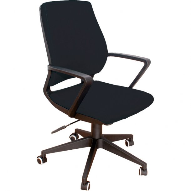 Una silla de oficina ergonómica negra. Tiene respaldo curvo, reposabrazos, asiento y base con ruedas.