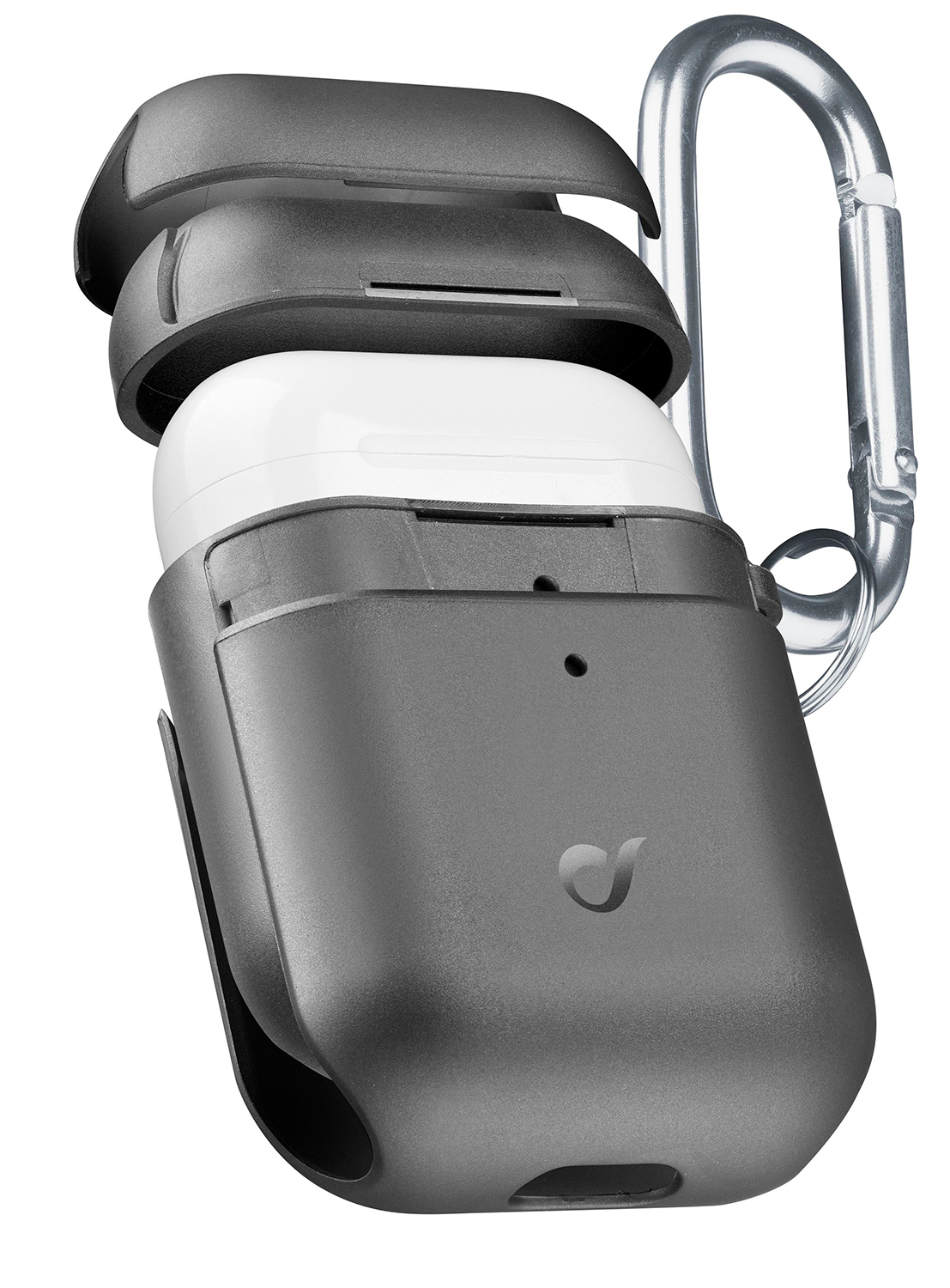 AirPods case with a carabiner. The case is partially open.