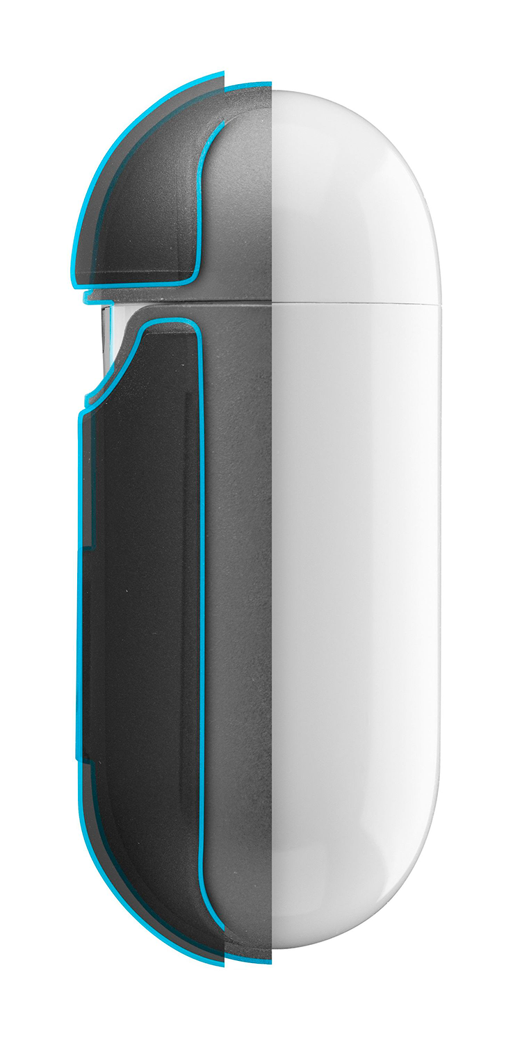 A cross-section image of a white and black device in a protective case.