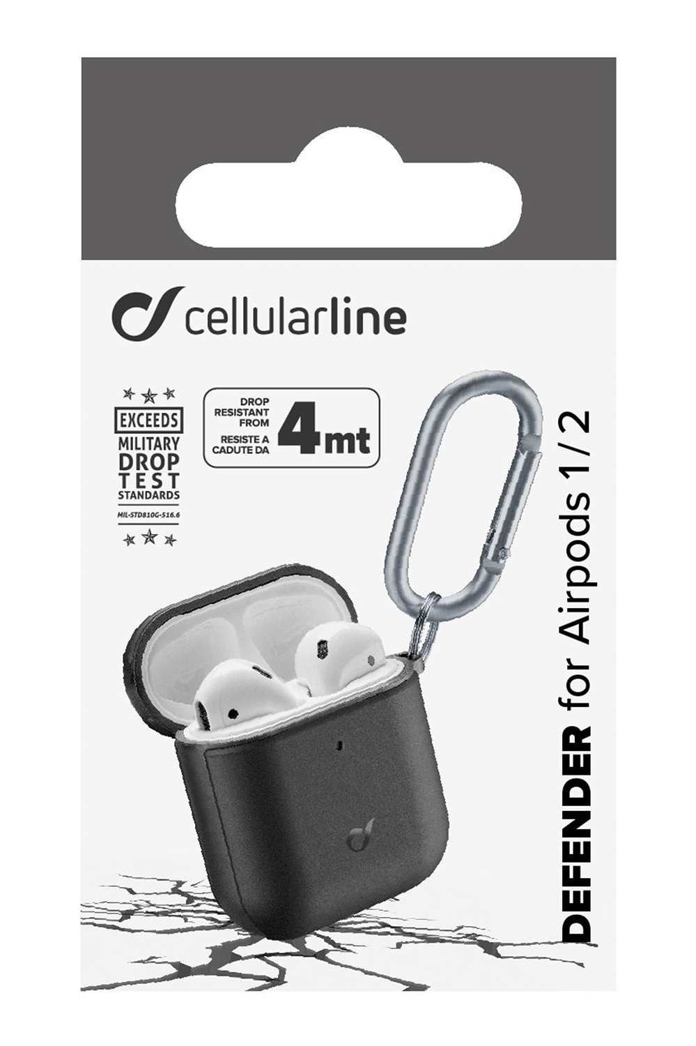 Black case with a silver hook holding white earbuds, packaging displays product info.