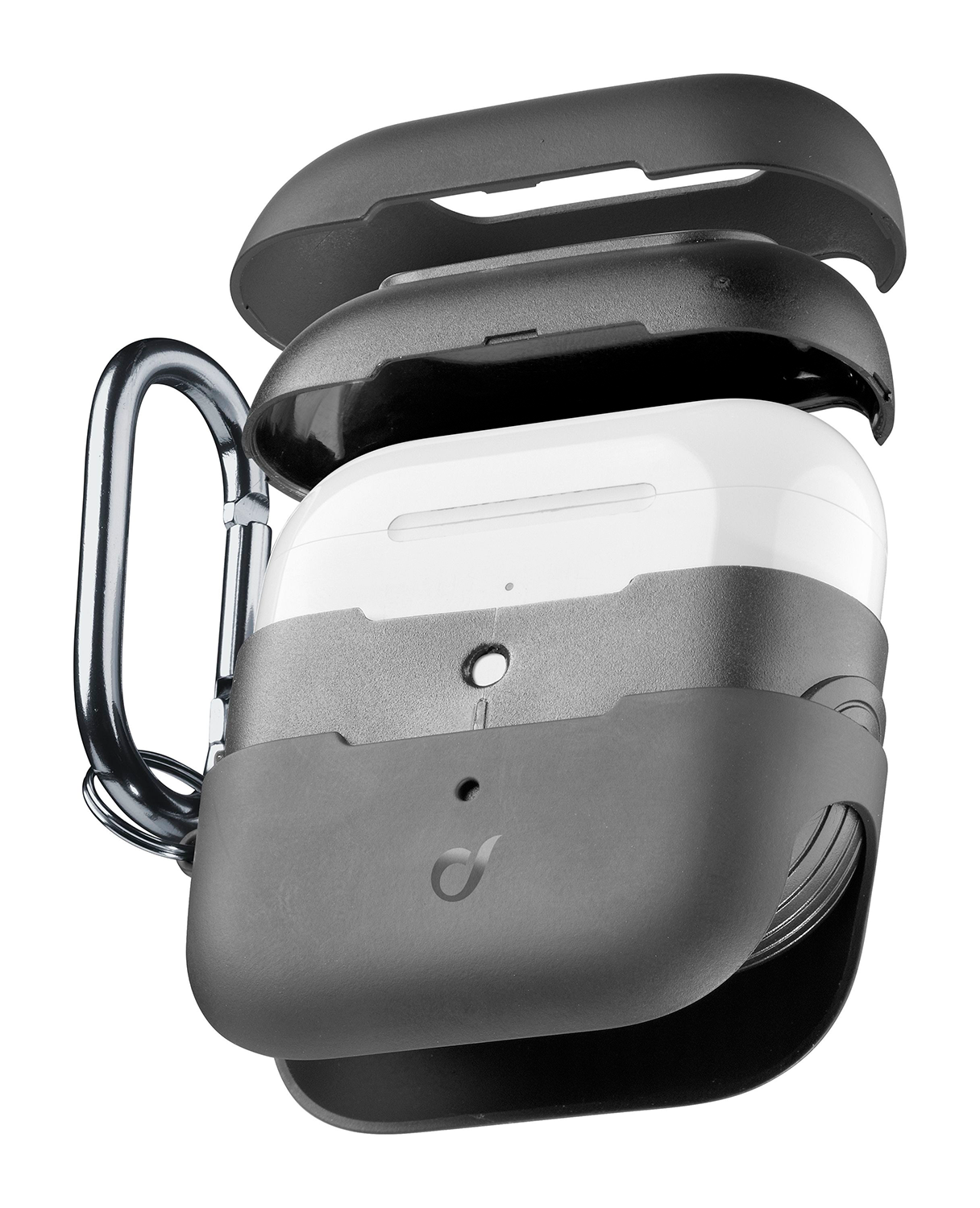 AirPods case with gray and white layers, silver clip, and open top.