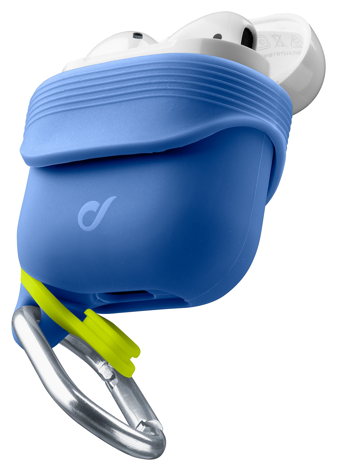 Blue earbud case with white earbuds inside, a yellow strap, and a silver carabiner.