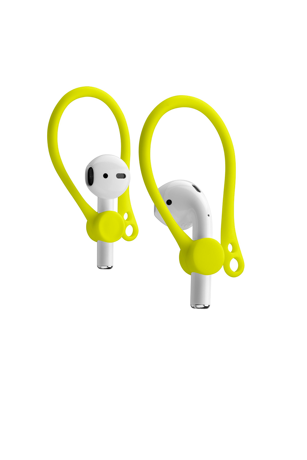 Two white earbuds with yellow ear hooks. They are positioned against a white background.