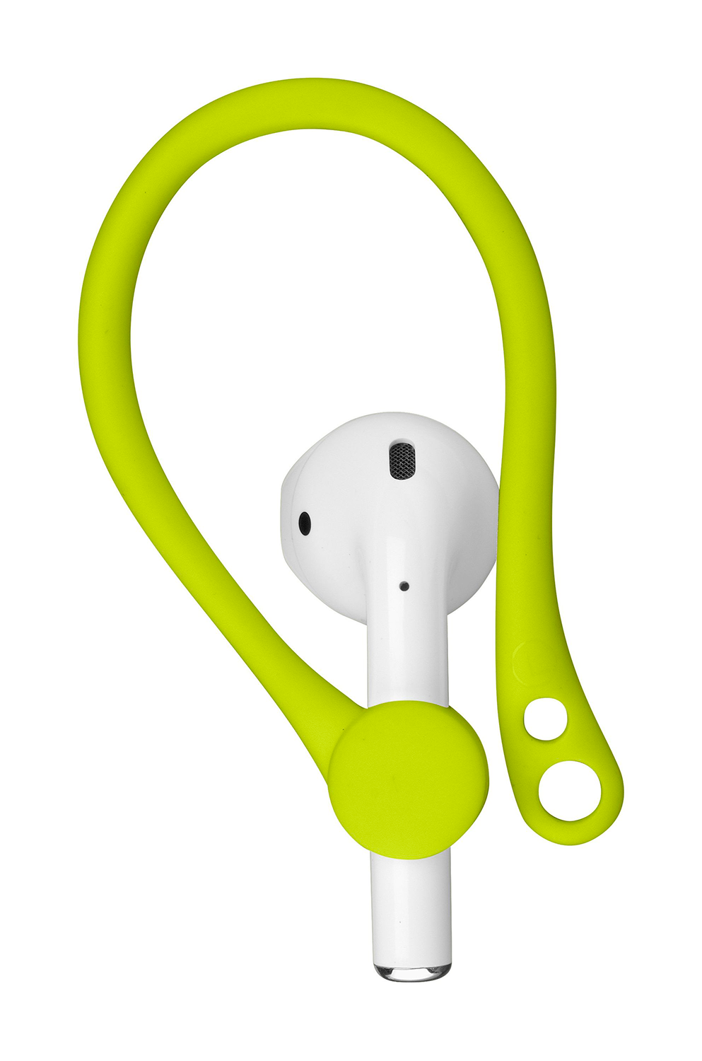 Lime green earphone holder around a white earbud. Isolated on white.