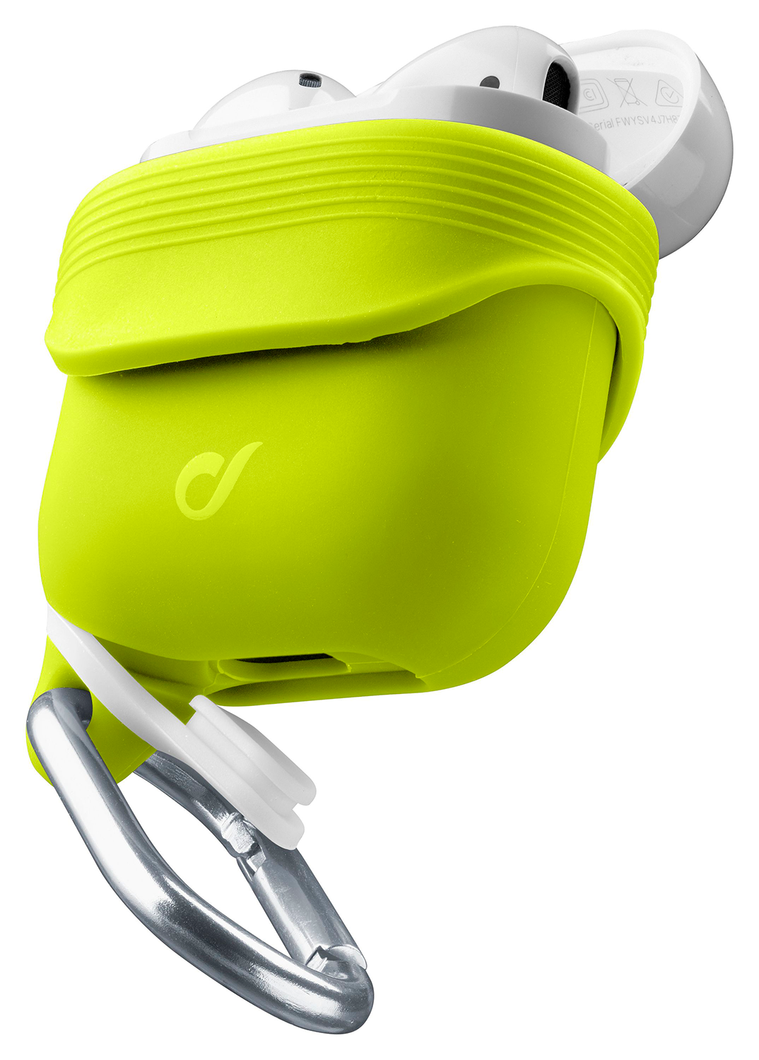 Green earbud case with white earbuds and a silver carabiner clip.
