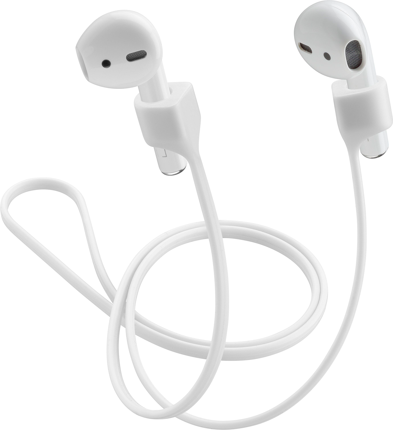 White earbuds with a cord, connected by a white rubber piece. The earbuds are white.