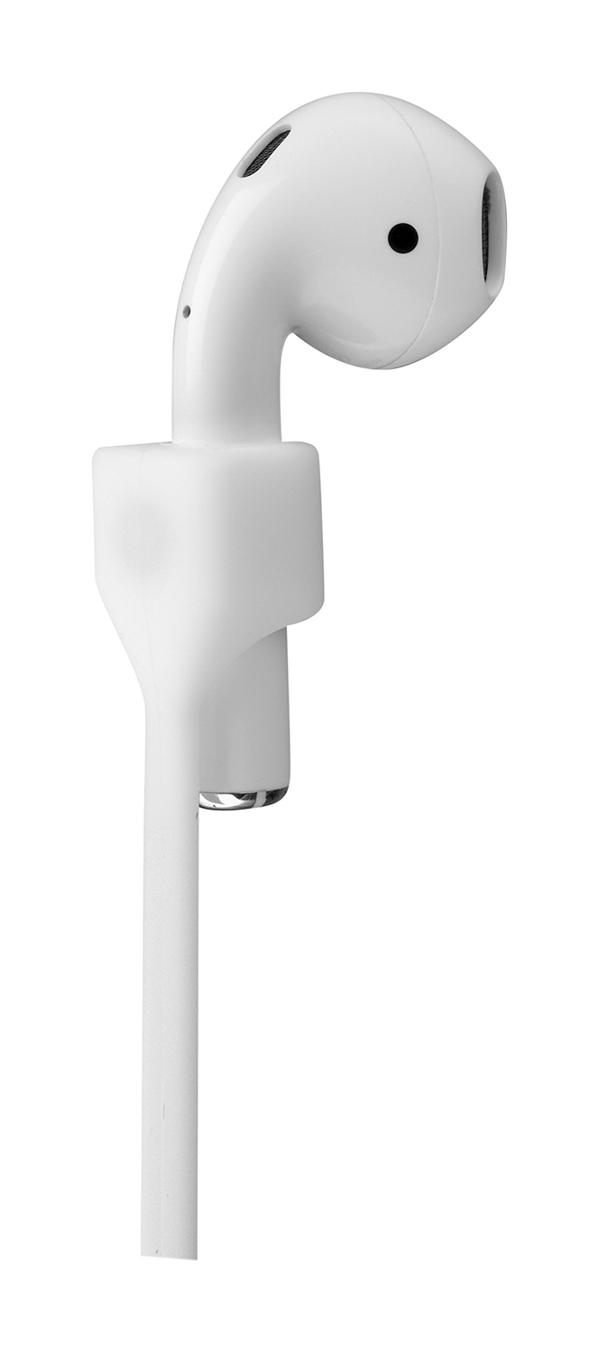 A white earbud with a cable, isolated on white.