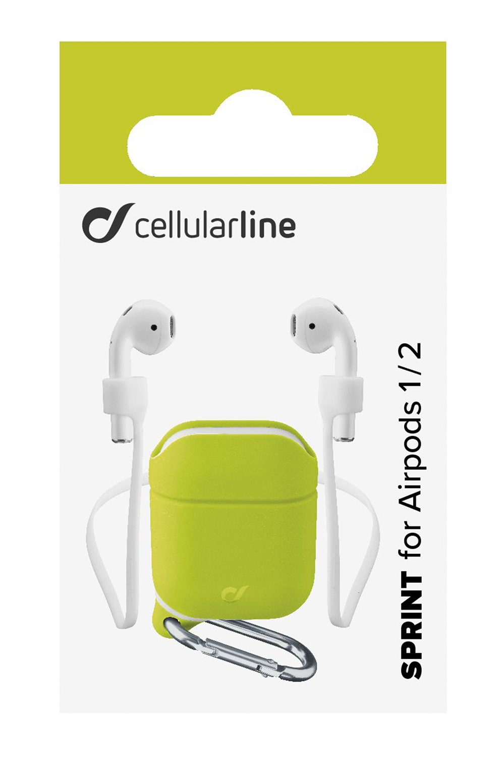 Earbuds and a green protective case with a carabiner. The brand name is Cellularline.