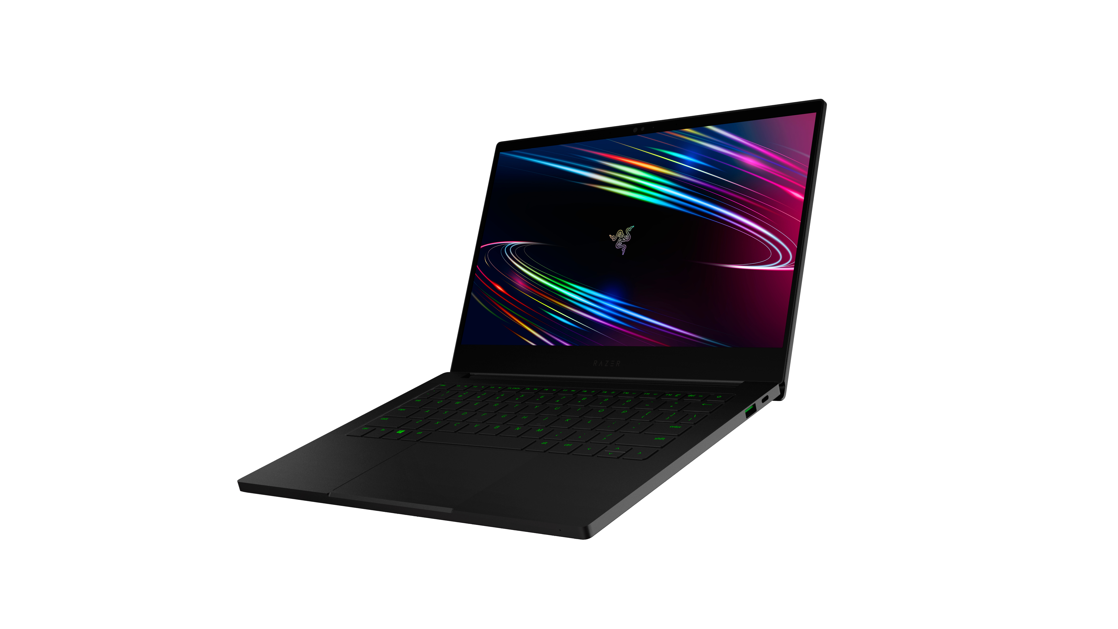 Schwarzer Laptop mit farbenfrohem Bildschirm, schräg auf weißem Hintergrund.