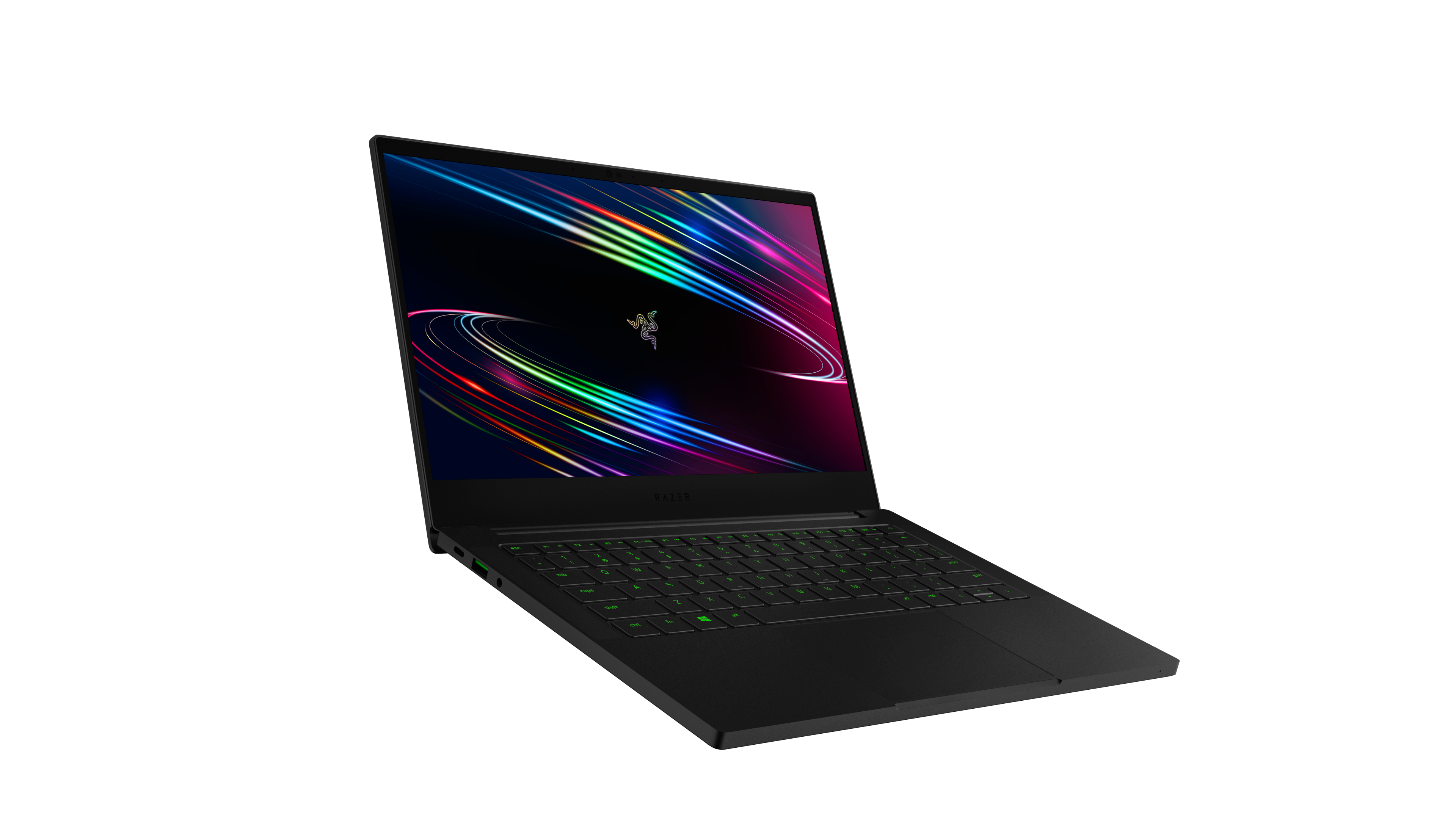 Schwarzer Razer-Laptop, geöffnet, auf weißer Oberfläche. Der Bildschirm zeigt bunte Linien.