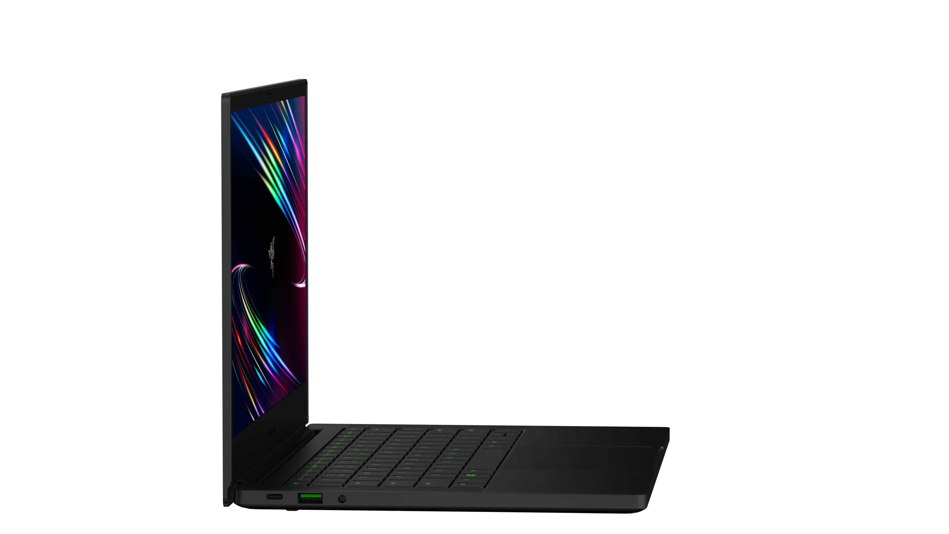 Schwarzer Laptop mit farbenfrohem Bildschirm. Er befindet sich auf weißem Hintergrund.