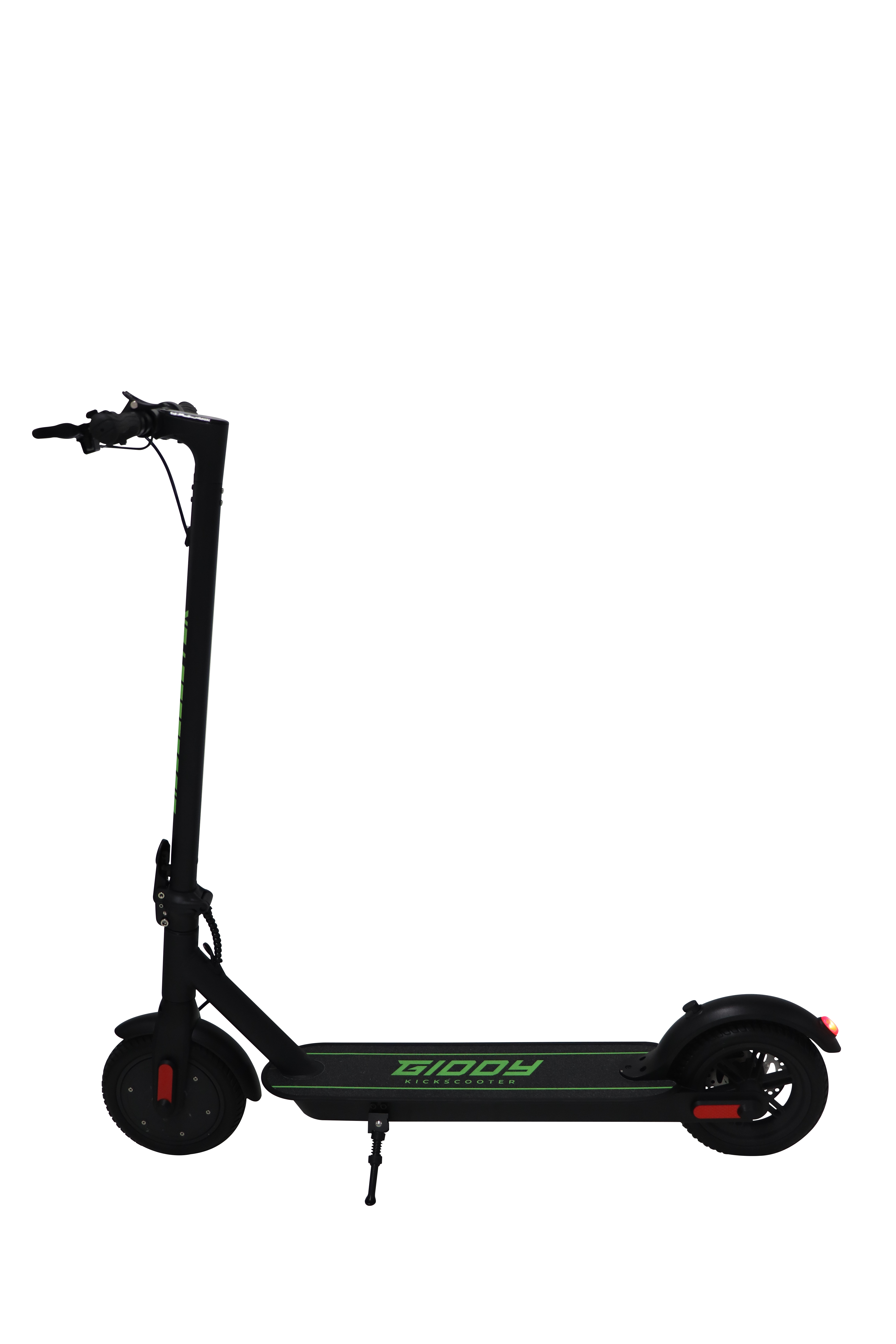 Siyah bir arka plan önünde duran, yeşil vurgulu siyah bir elektrikli scooter, yan görünüm.
