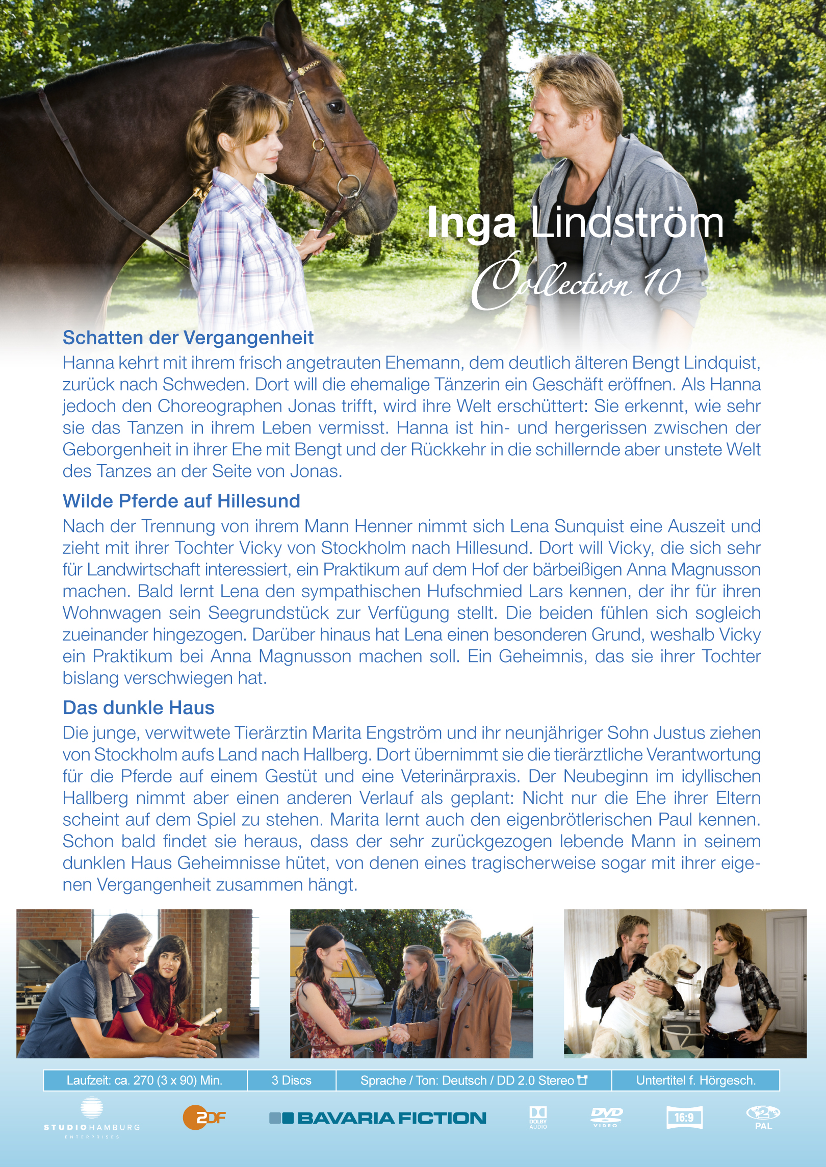 DVD-Cover für Inga Lindström Film. Zwei Personen mit Pferd. Text und Bilder auf der Rückseite.