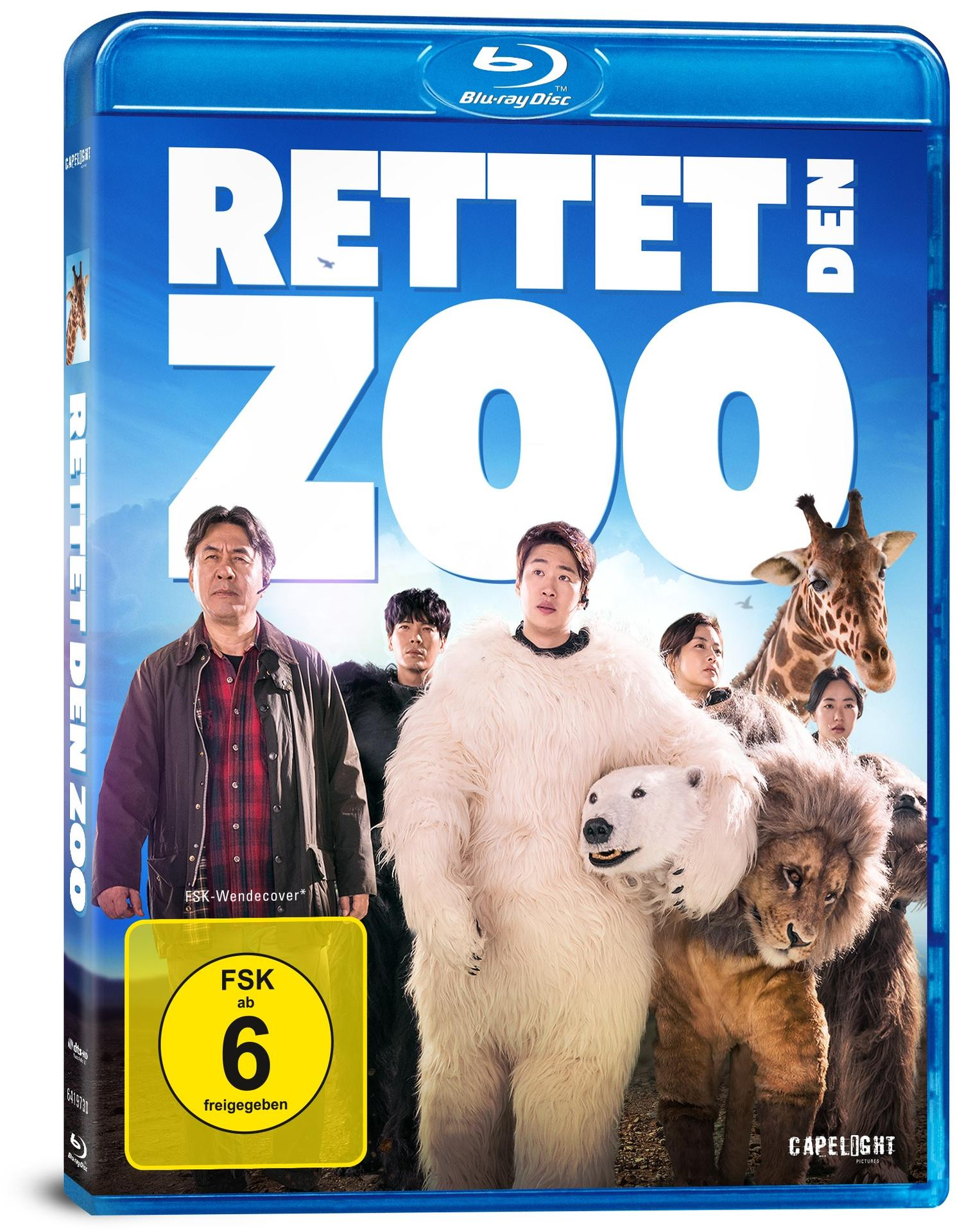 Blu-ray-Filmcover. Zeigt Menschen in Tierkostümen und eine Giraffe. Titel: Rettet Den Zoo.