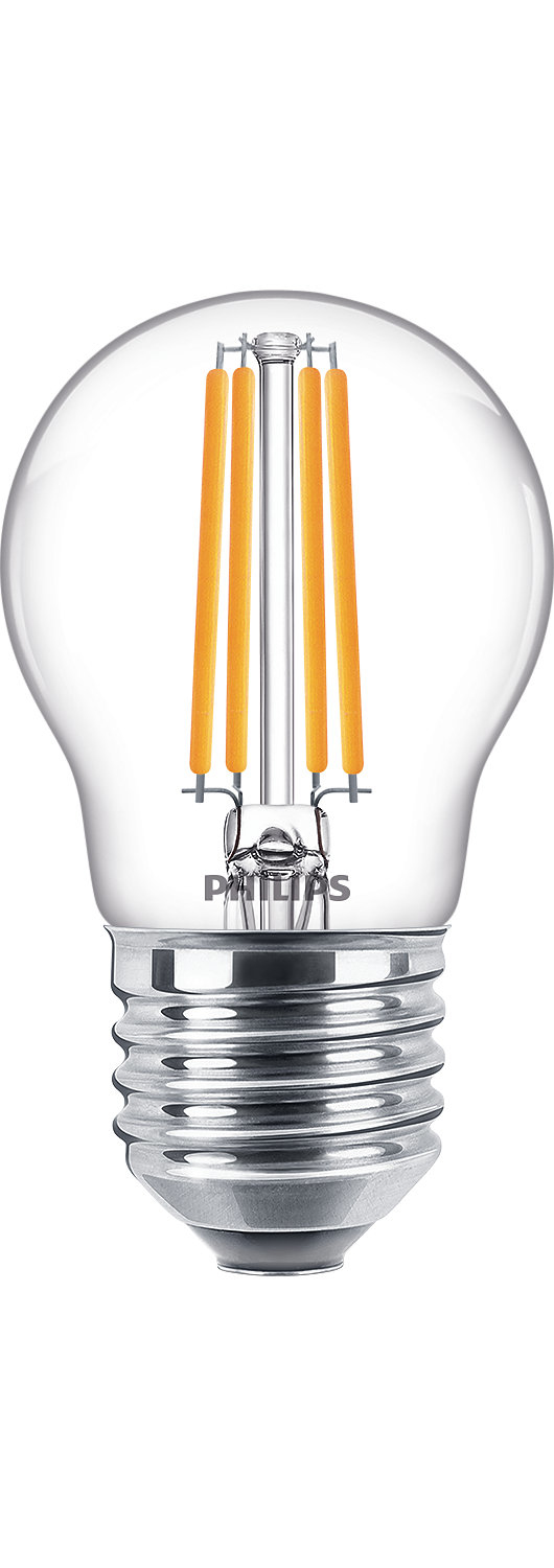 Eine transparente Philips LED-Glühbirne mit orangefarbenen Filamenten und einem silbernen Sockel.