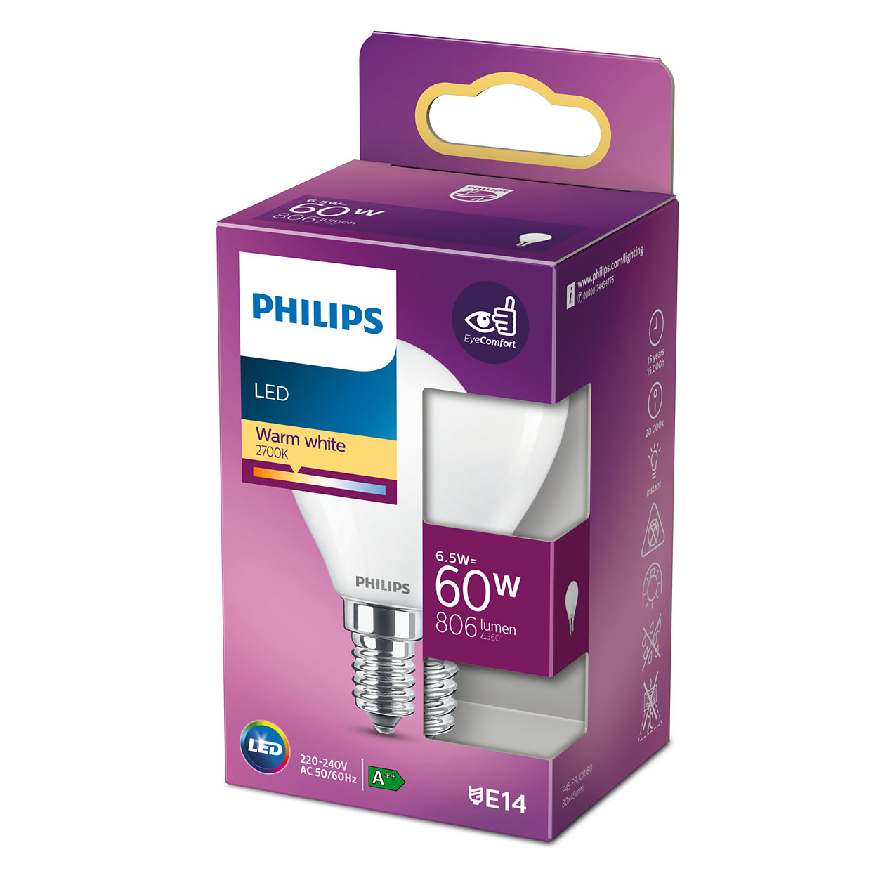 Eine Philips LED-Glühbirne in ihrer Verpackung. Die Verpackung ist lila und weiß und zeigt die Glühbirne.
