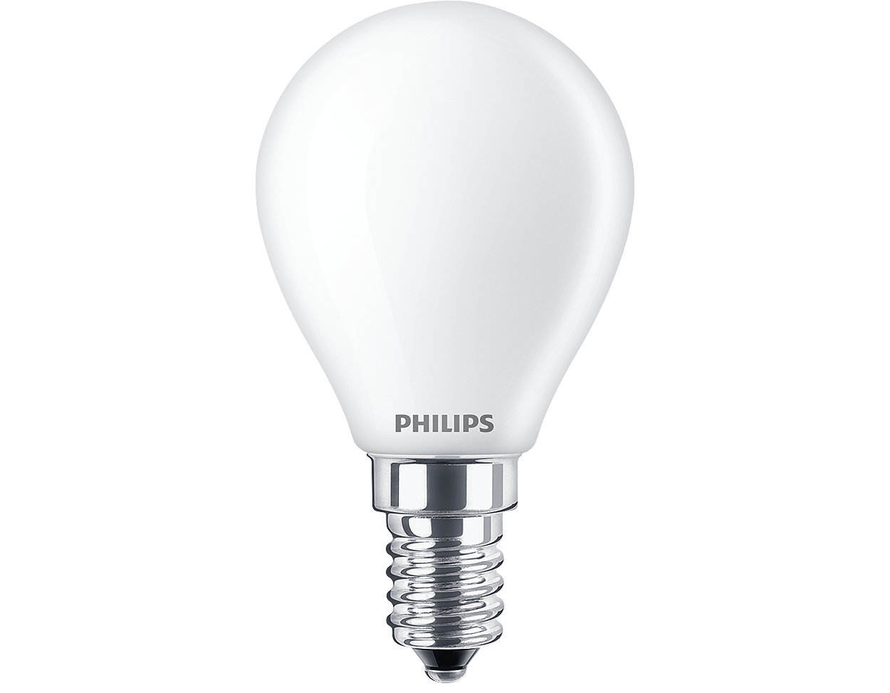 Weiße Philips LED-Glühbirne, runde Form, silberner Sockel, isoliert auf weißem Hintergrund.