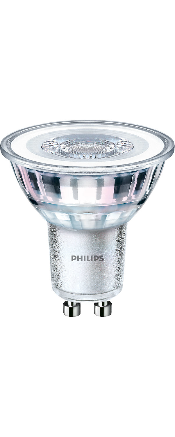 Eine Philips GU10 LED-Glühbirne. Sie hat einen silbernen Körper mit dem Wort 'PHILIPS' darauf. Die Glühbirne ist vertikal ausgerichtet.