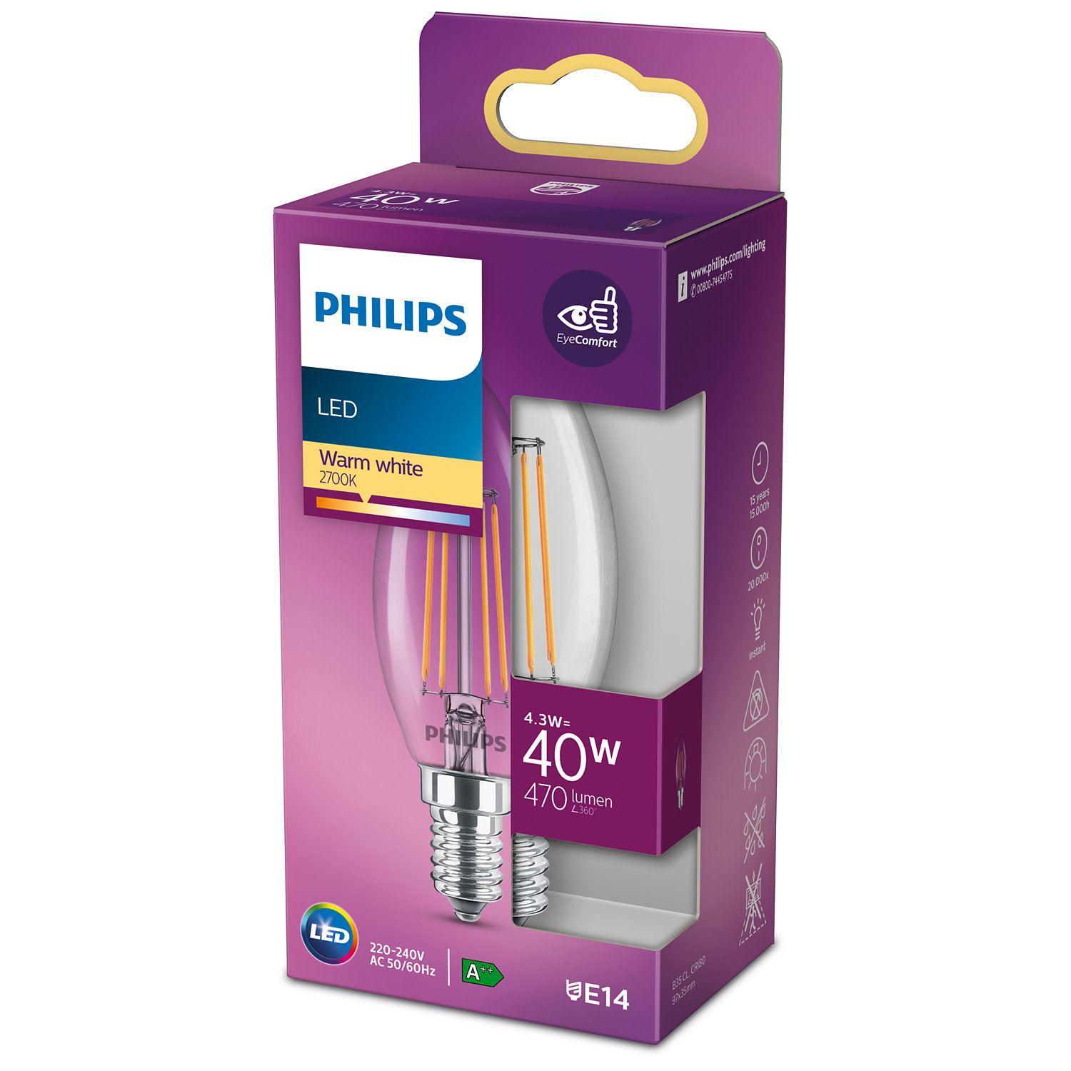 Philips LED-Glühbirne in einer lila Box mit Produktdetails und Augentrost-Logo.