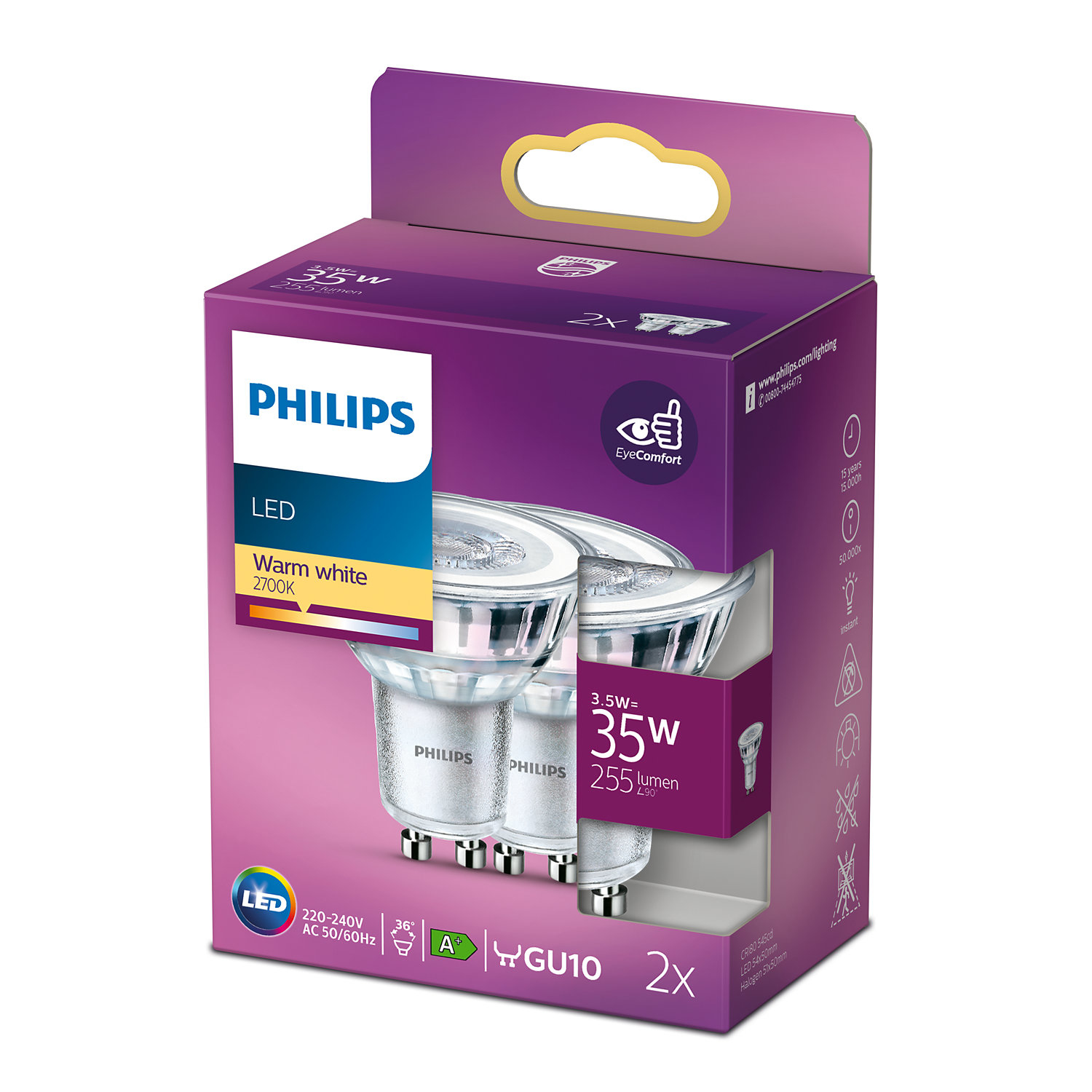 Eine Philips LED-Glühbirnenverpackung. Enthält zwei Glühbirnen und Produktinformationen.