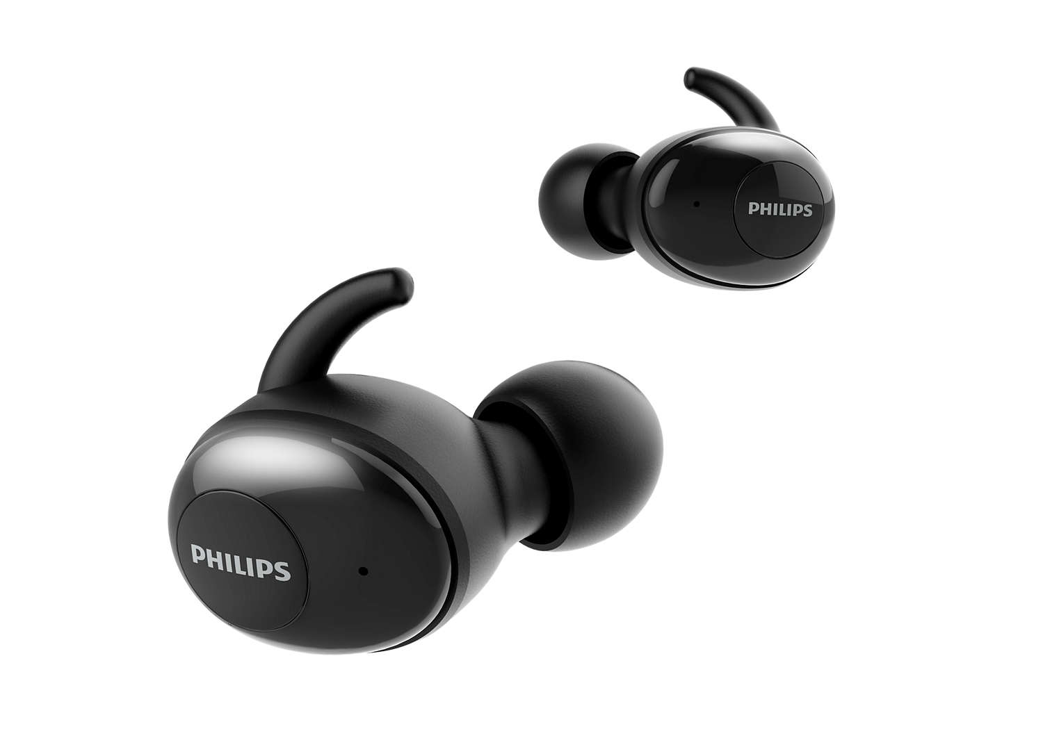 Schwarze kabellose Ohrhörer mit Ohrhaken, isoliert auf weißem Hintergrund, Marke Philips.