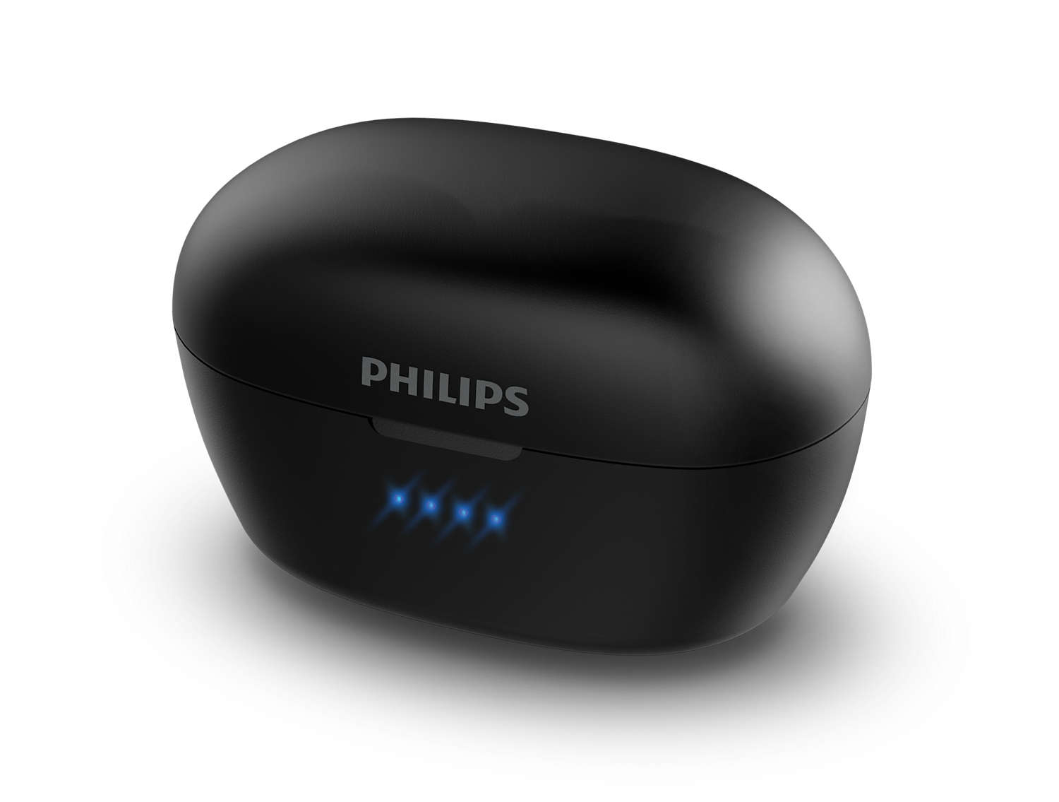 Schwarzes kabelloses Ohrhörer-Ladecase mit Philips-Markennamen.