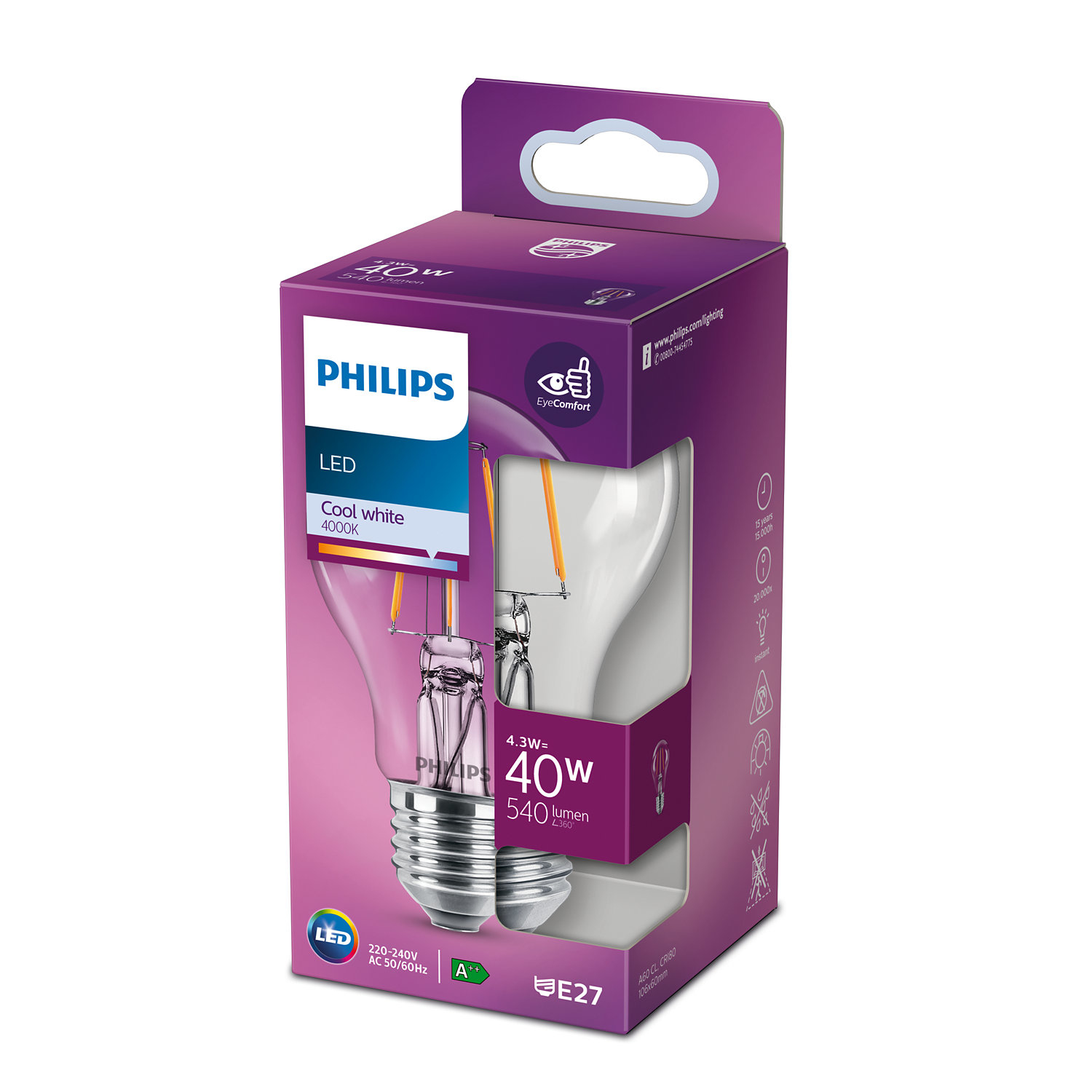 Philips LED-Glühbirnenverpackung, lila und weiße Farben.
