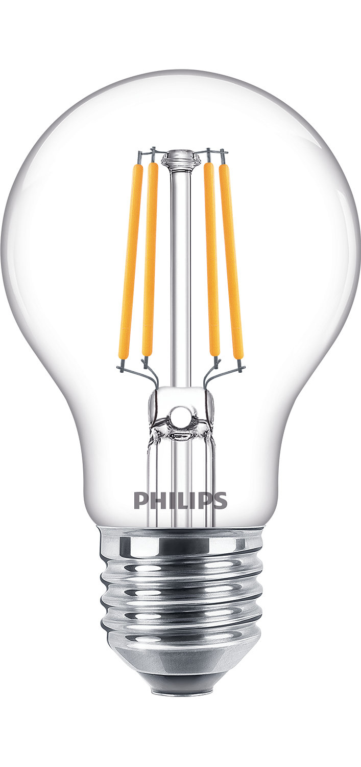 Klare Philips Glühbirne. Die Birne hat orangefarbene Glühfäden und einen silbernen Sockel.