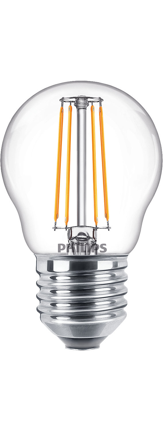 Nahaufnahme einer Philips LED-Glühbirne. Die Glühbirne hat klares Glas und orangefarbene Filamente.