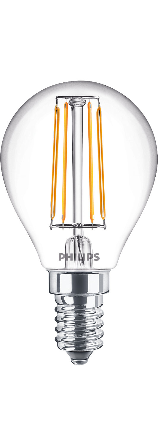 Klare Philips LED-Glühbirne. Transparentes Glas, silberner Sockel, orangefarbene Filamente.