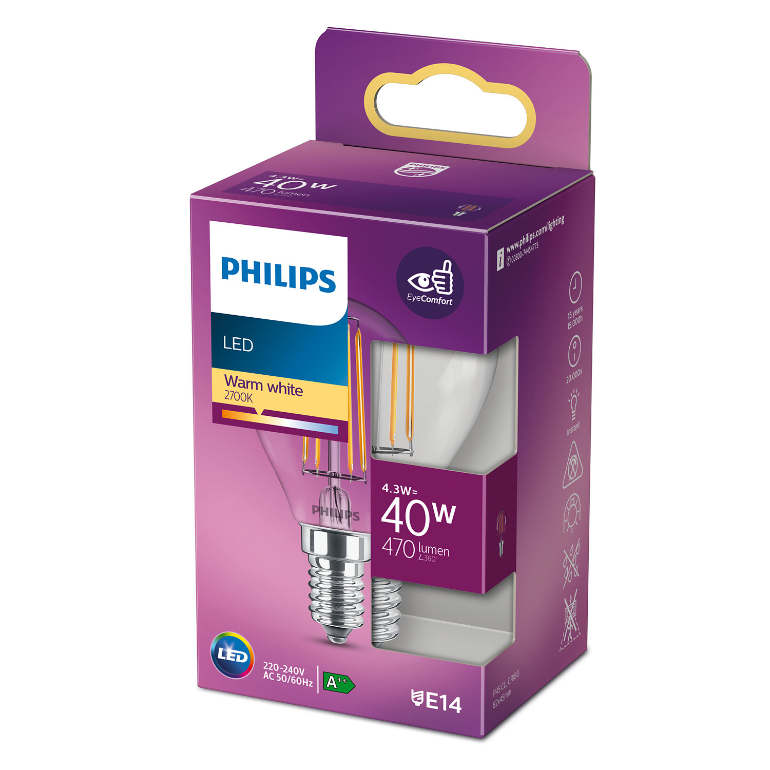 Philips LED-Glühbirnenverpackung mit 40W und 470 Lumen Spezifikationen.