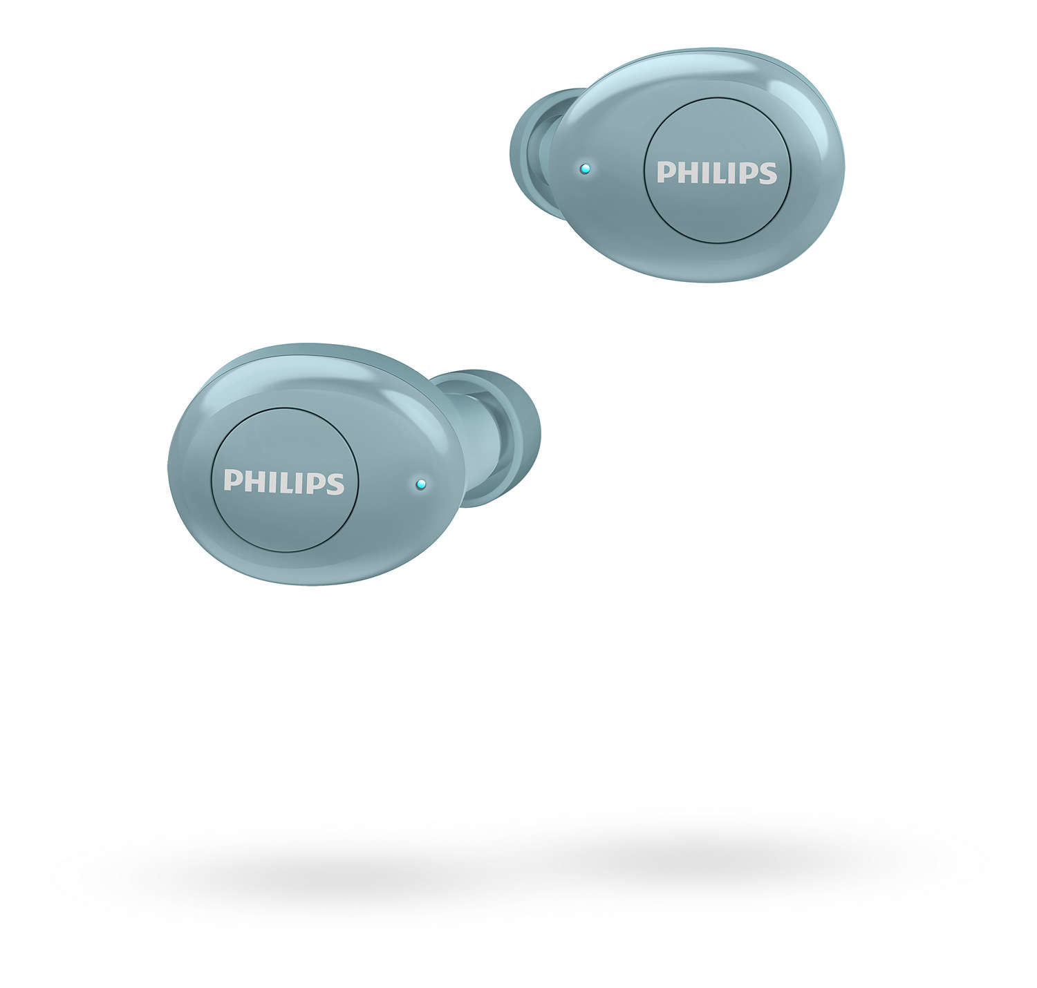 Zwei blaue Philips kabellose Ohrhörer auf weißem Hintergrund.