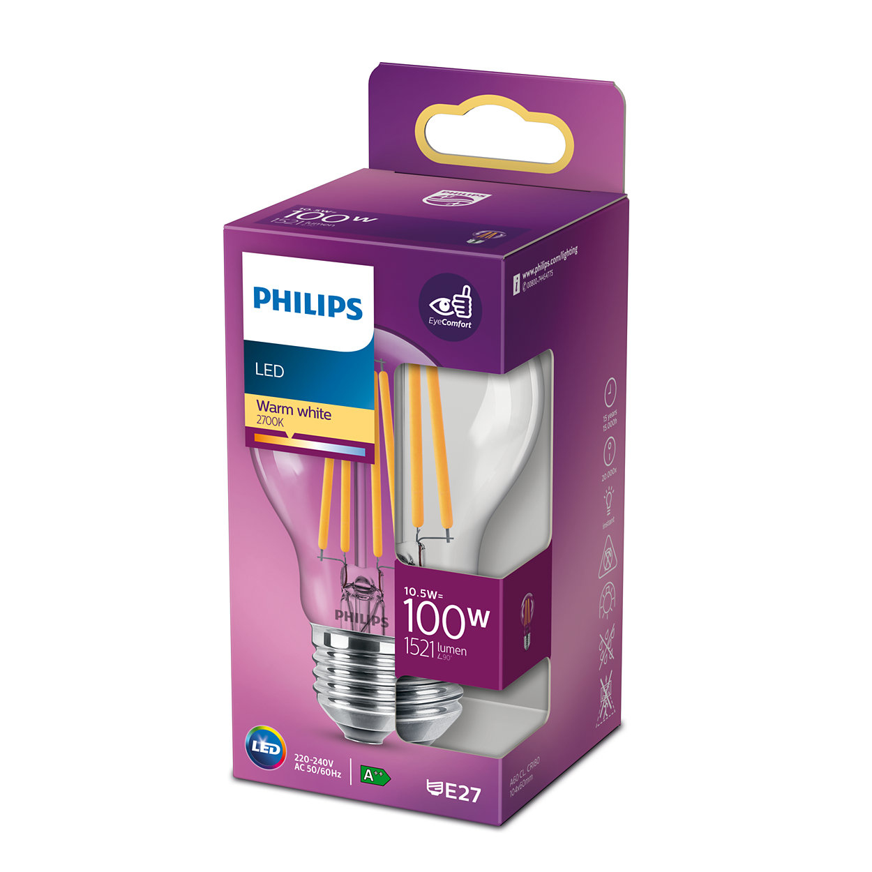 Philips LED-Glühbirnenverpackung. Lila Box mit Glühbirnenbild, Details und Branding.