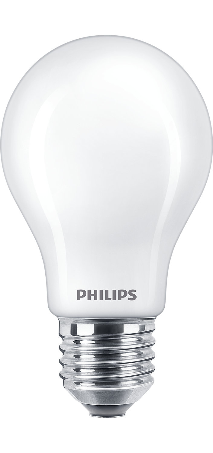 Eine Glühbirne der Marke Philips auf weißem Hintergrund.