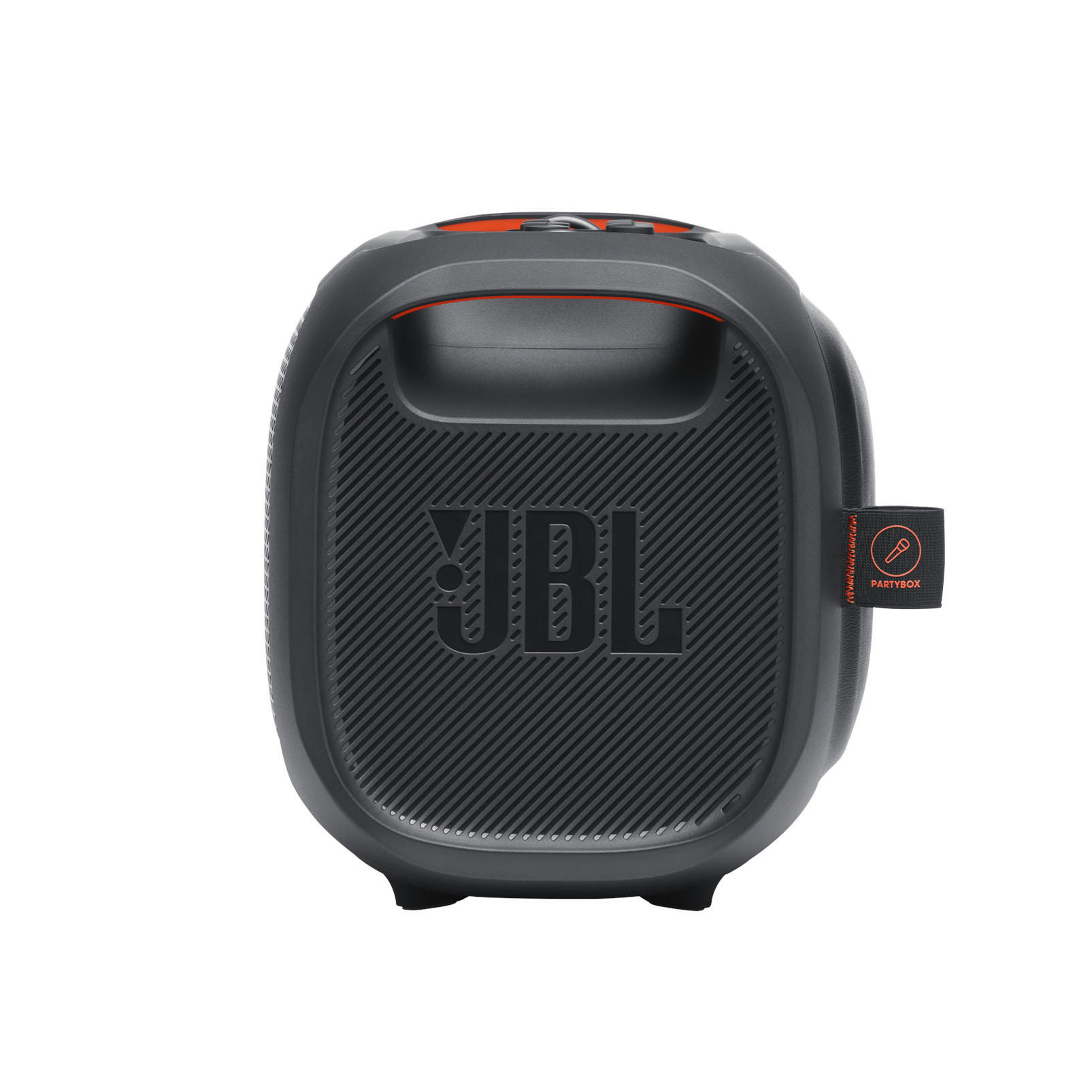 Schwarzer JBL PartyBox-Lautsprecher. Oranger Griff. Schwarzes Lautsprechergitter. Weißer Hintergrund.