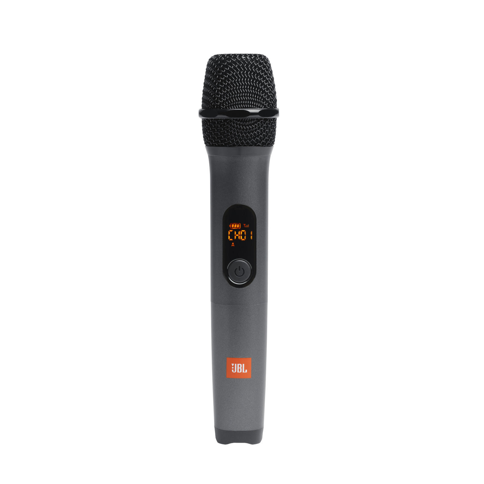 Graues JBL-Mikrofon mit schwarzem Mesh-Kopf, Power-Taste und Display, mit JBL-Logo.