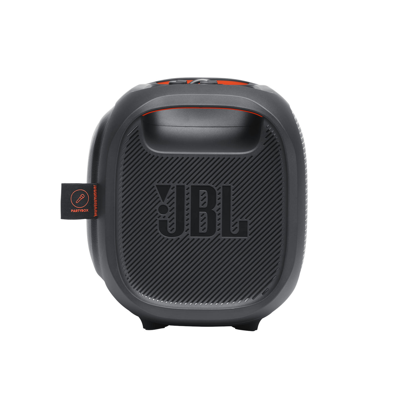 Schwarzer JBL PartyBox-Lautsprecher mit orangefarbenen Akzenten. Mit Griff und JBL-Logo.